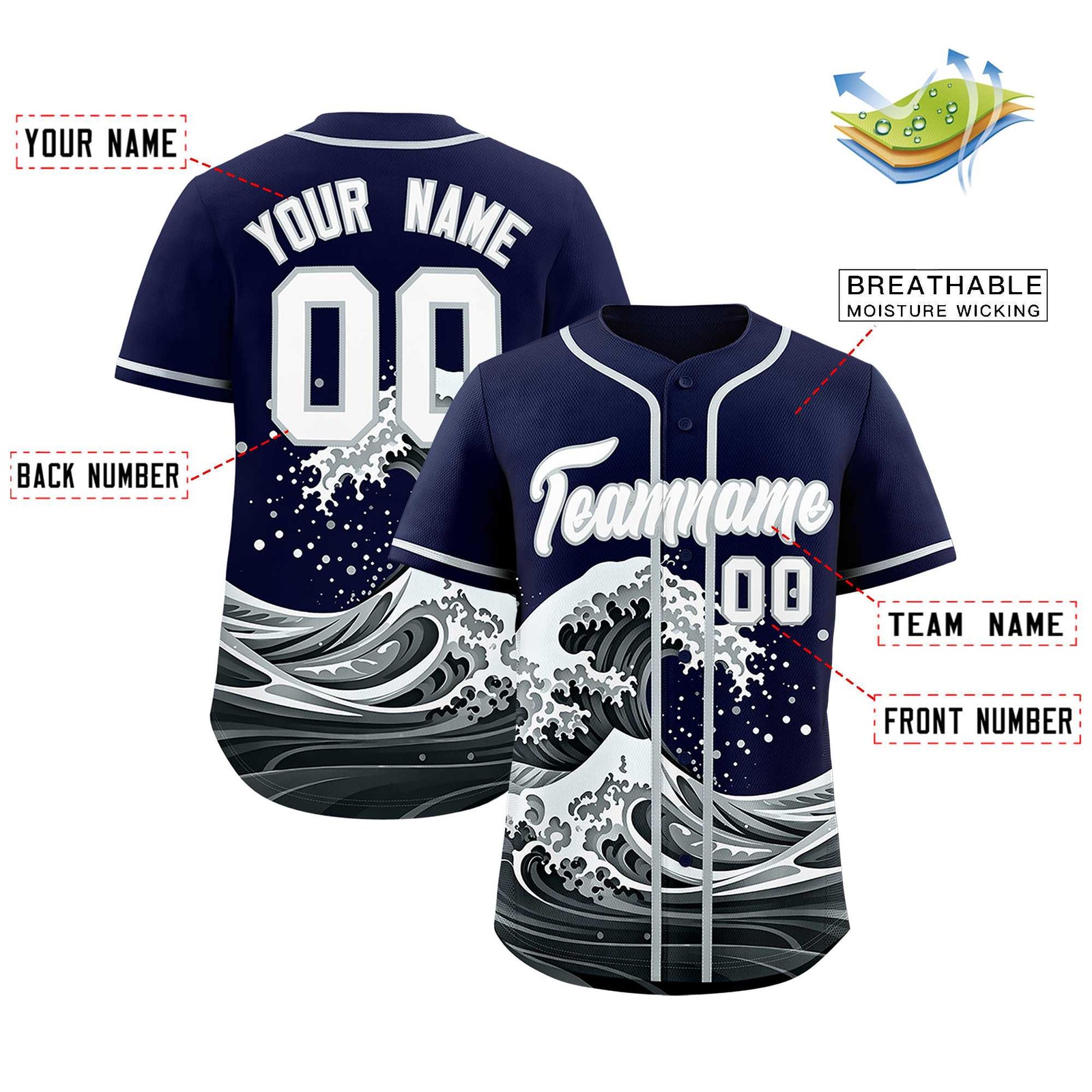Custom Navy Wave Graffiti Pattern Authentic Baseball Jersey