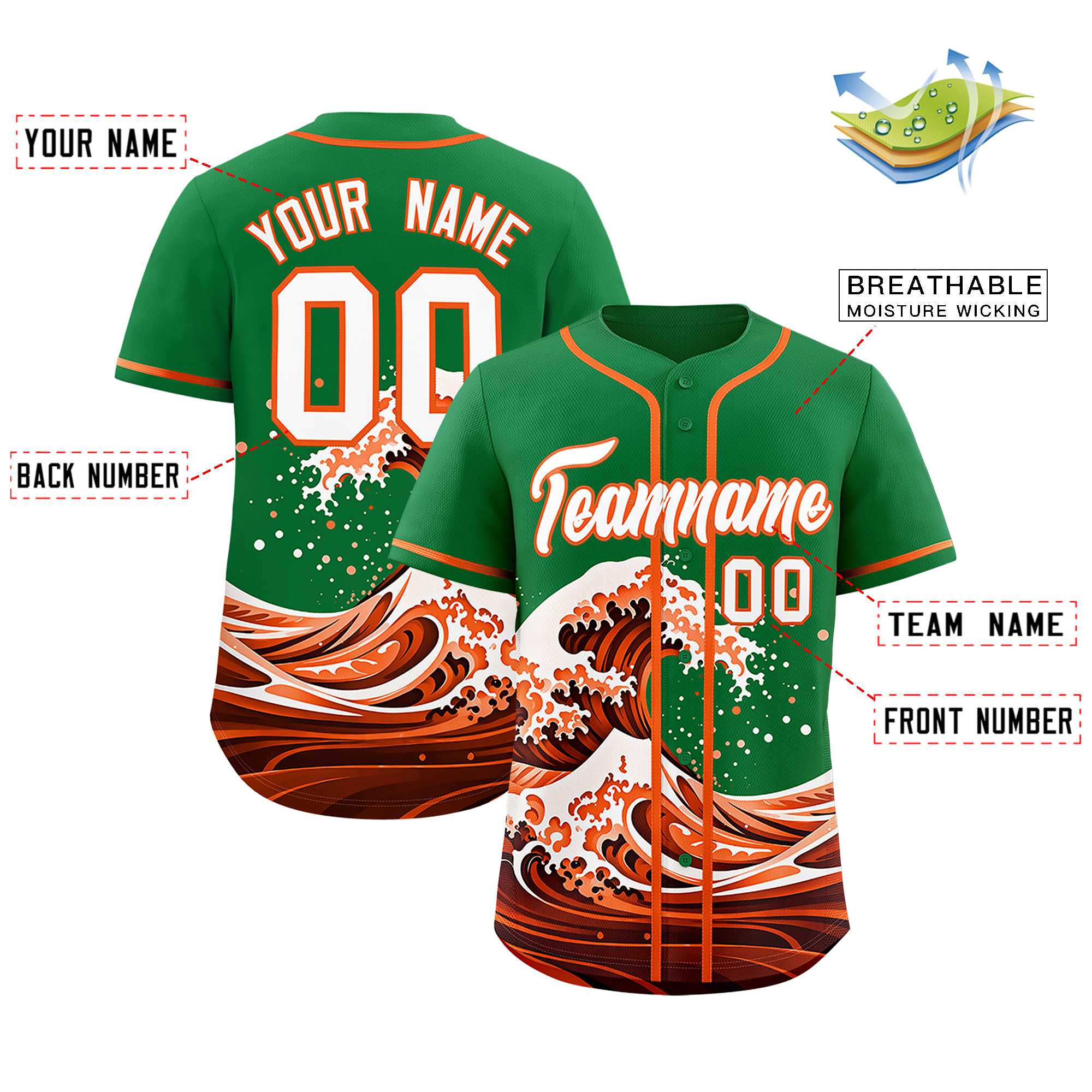 Custom Kelly Green Wave Graffiti Pattern Authentic Baseball Jersey