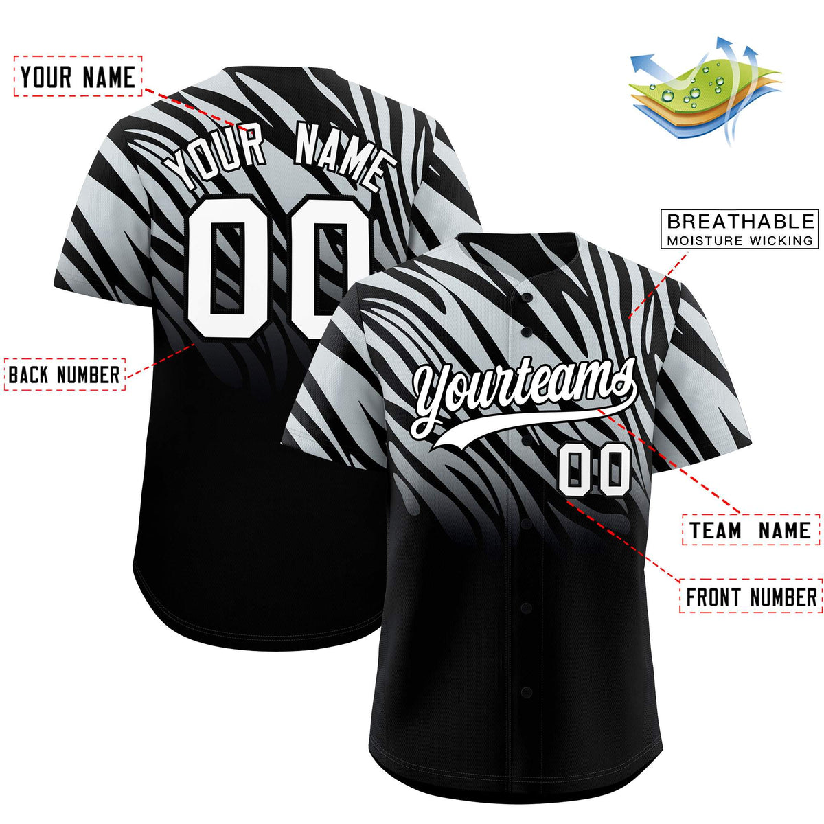 Custom Silver Black Tiger Stripe Gradient Animal Print Personalized Team Shirt Baseball Jersey