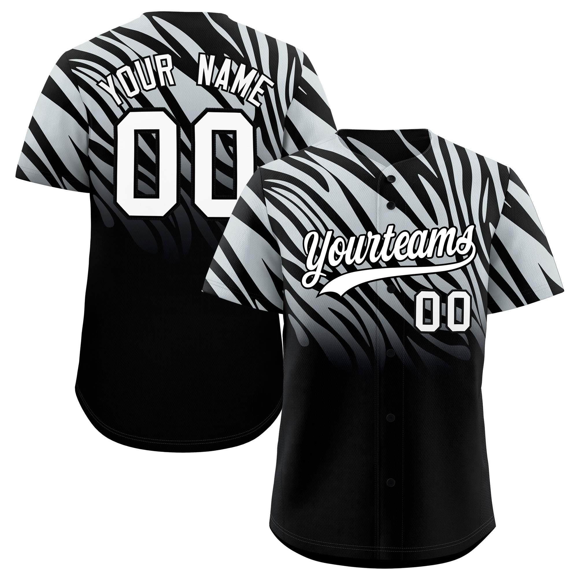 Custom Silver Black Tiger Stripe Gradient Animal Print Personalized Team Shirt Baseball Jersey