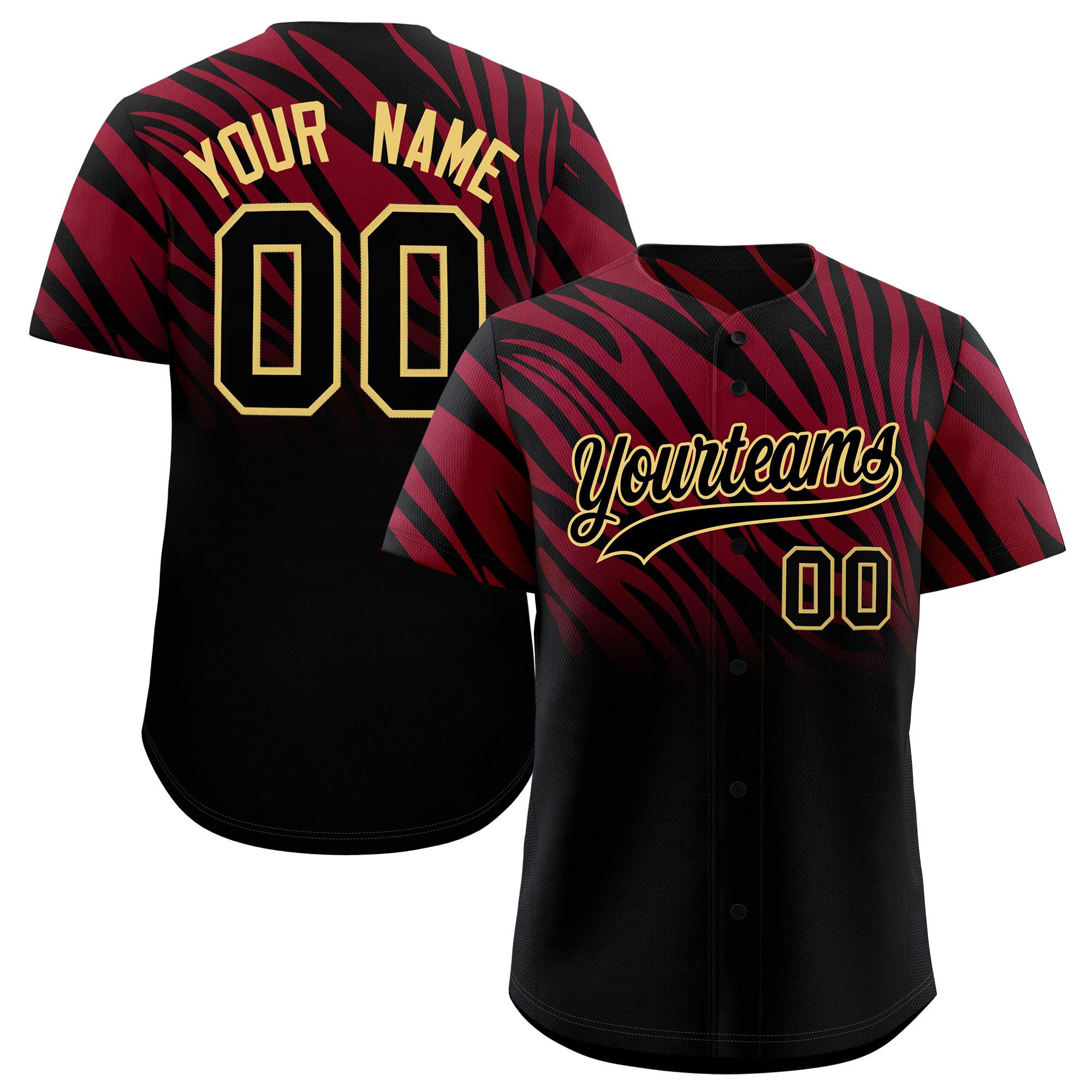 Custom Crimson Black Tiger Stripe Gradient Animal Print Personalized Team Shirt Baseball Jersey