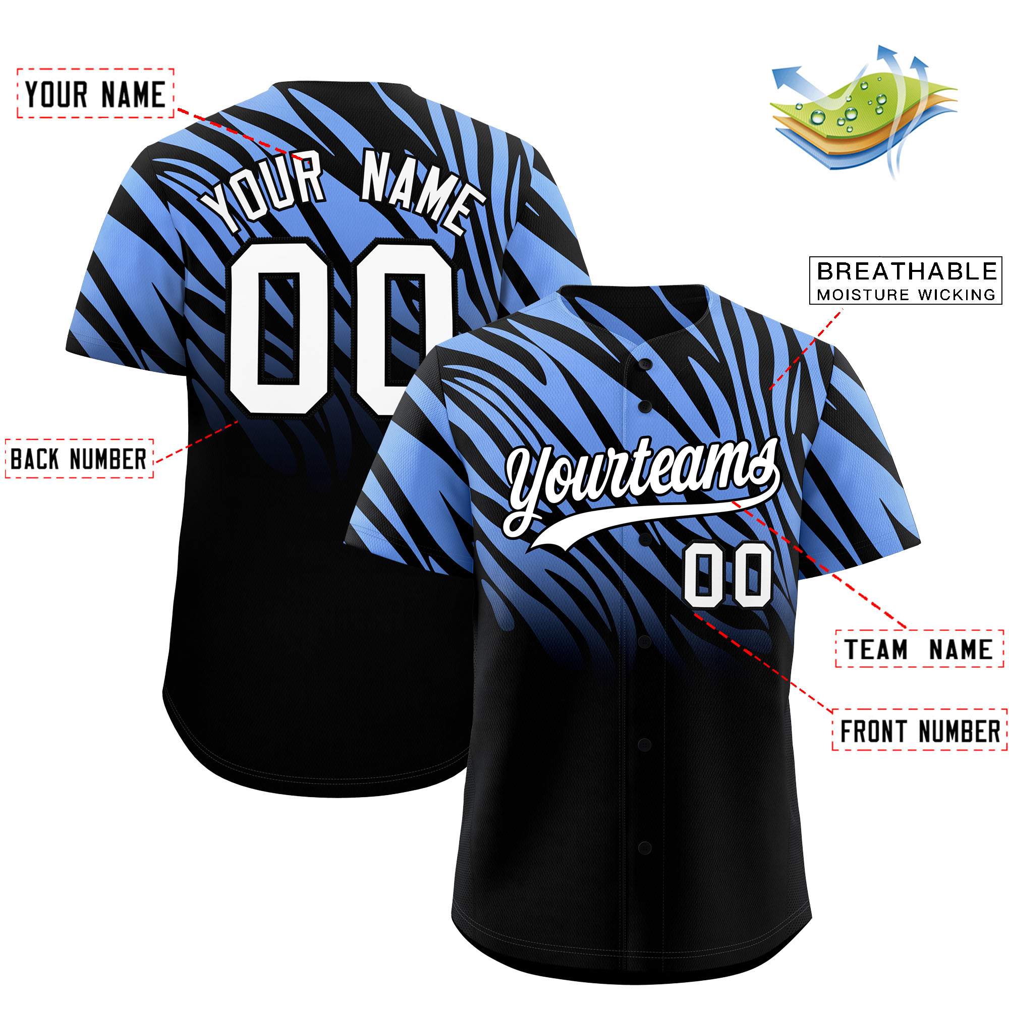 Custom Light Blue Black Tiger Stripe Gradient Animal Print Personalized Team Shirt Baseball Jersey