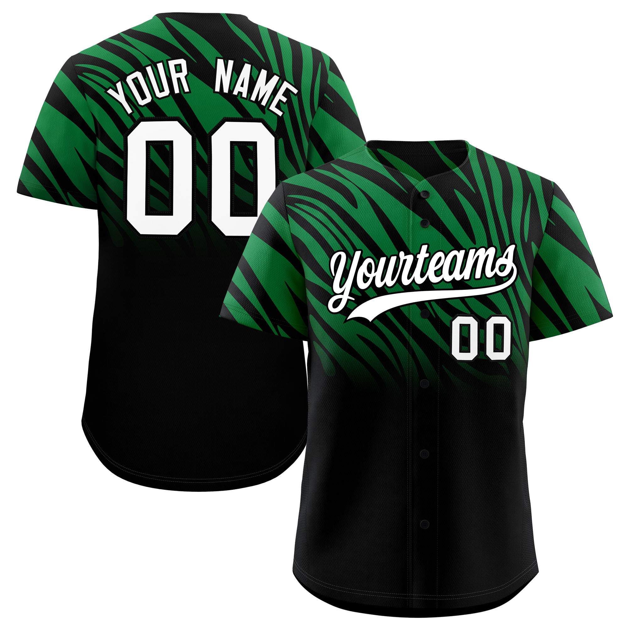 Custom Kelly Green Black Tiger Stripe Gradient Animal Print Personalized Team Shirt Baseball Jersey