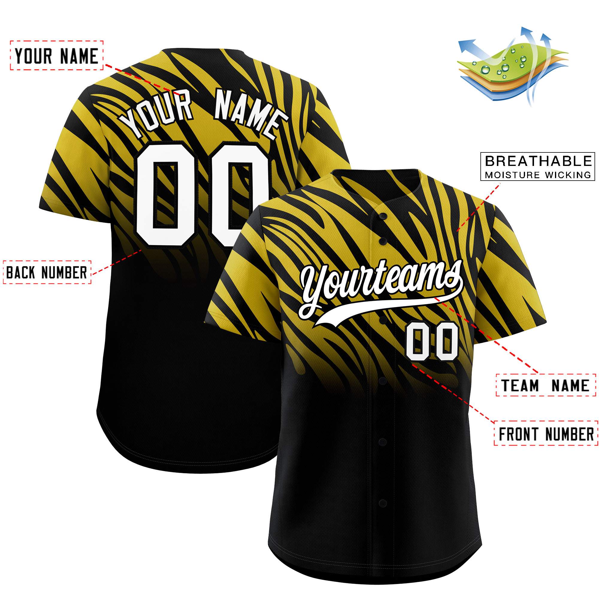 Custom Old Gold Black Tiger Stripe Gradient Animal Print Personalized Team Shirt Baseball Jersey