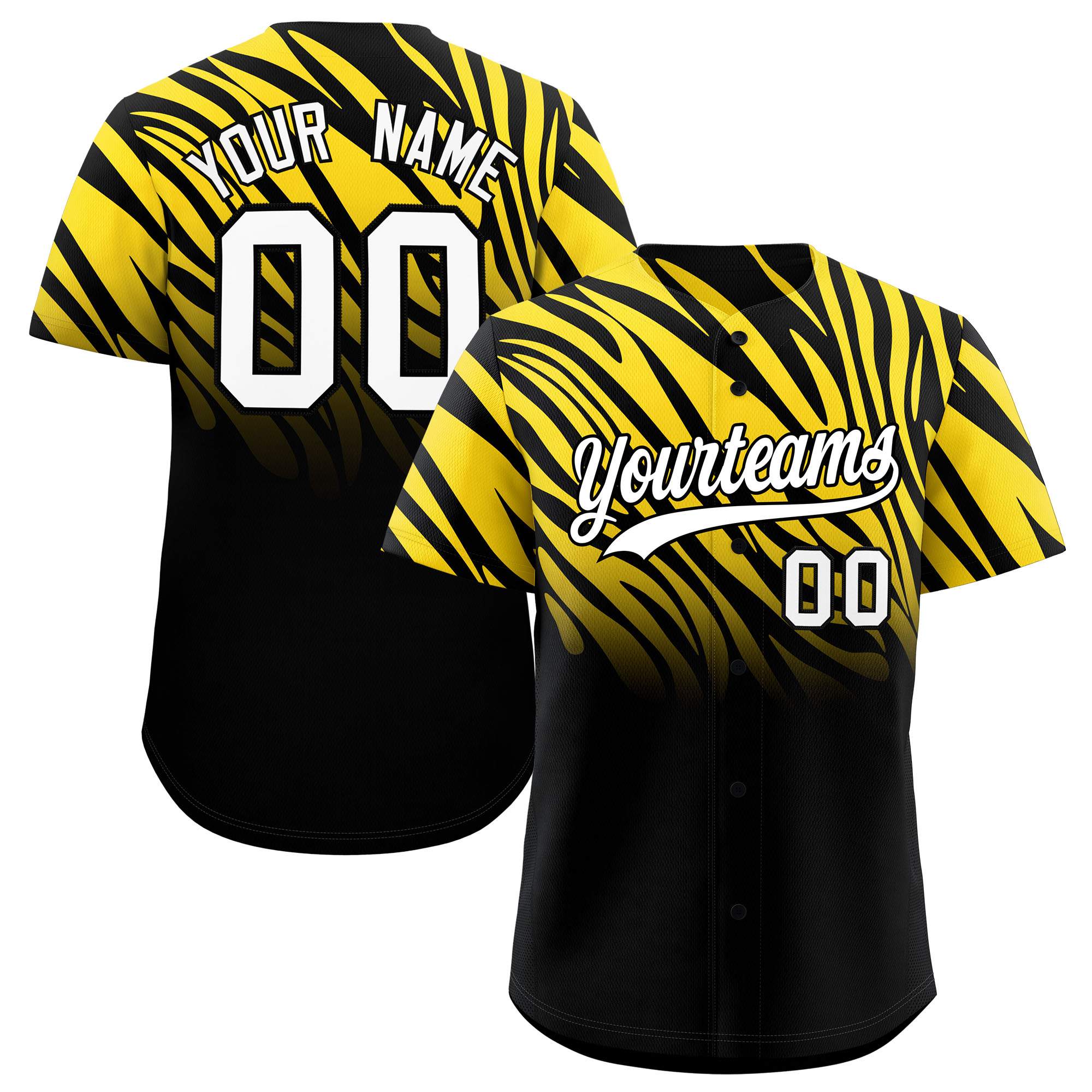 Custom Gold Black Tiger Stripe Gradient Animal Print Personalized Team Shirt Baseball Jersey