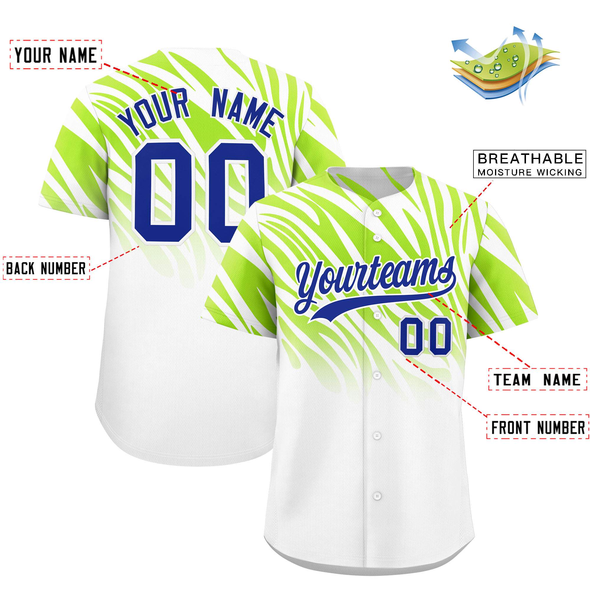 Custom Neon Green White Tiger Stripe Gradient Animal Print Personalized Team Shirt Baseball Jersey