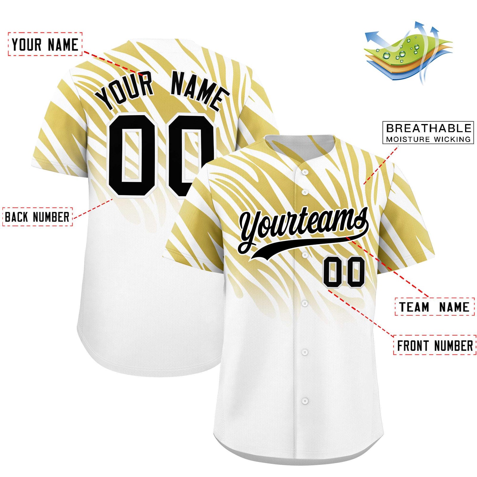 Custom Old Gold White Tiger Stripe Gradient Animal Print Personalized Team Shirt Baseball Jersey