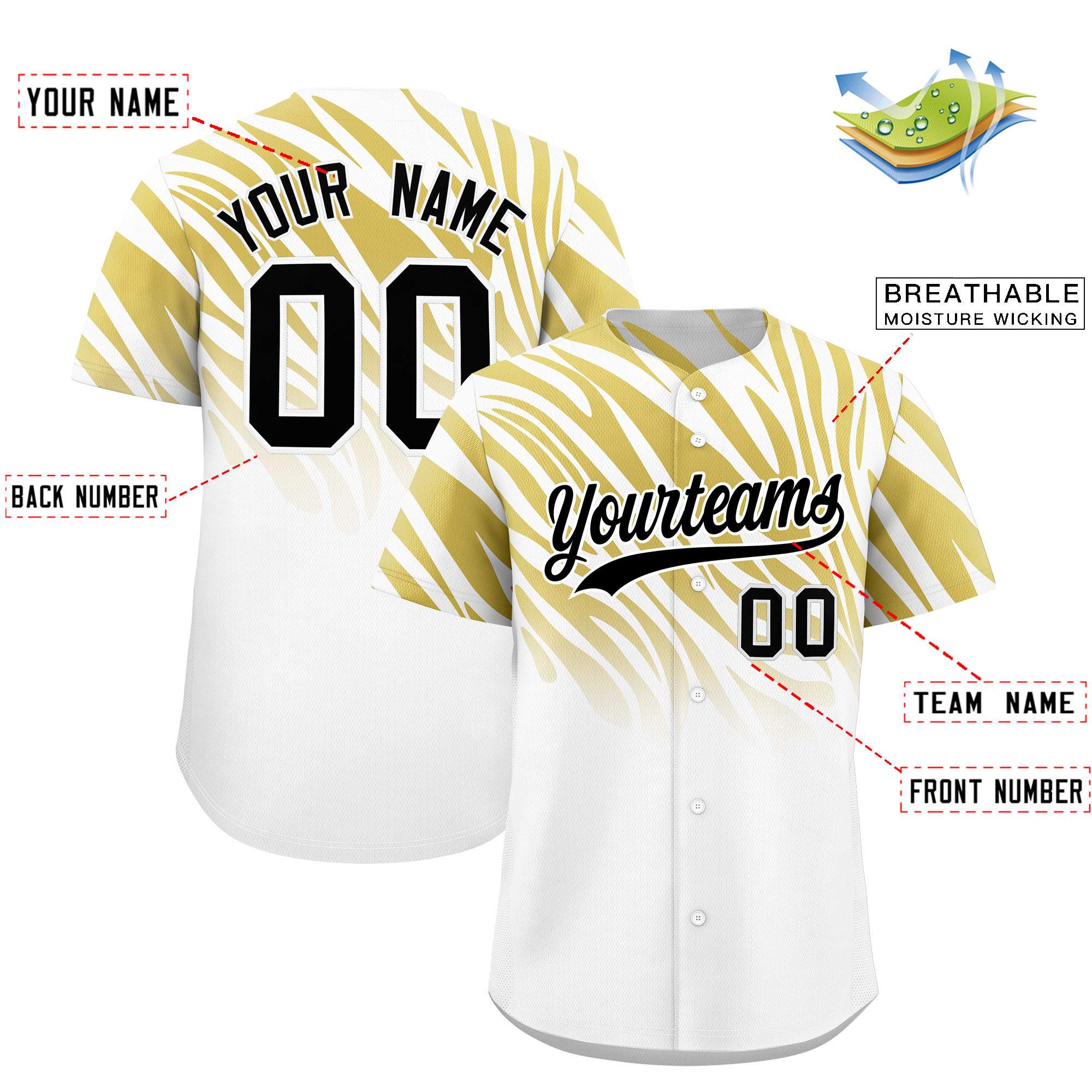 Custom Old Gold White Tiger Stripe Gradient Animal Print Personalized Team Shirt Baseball Jersey