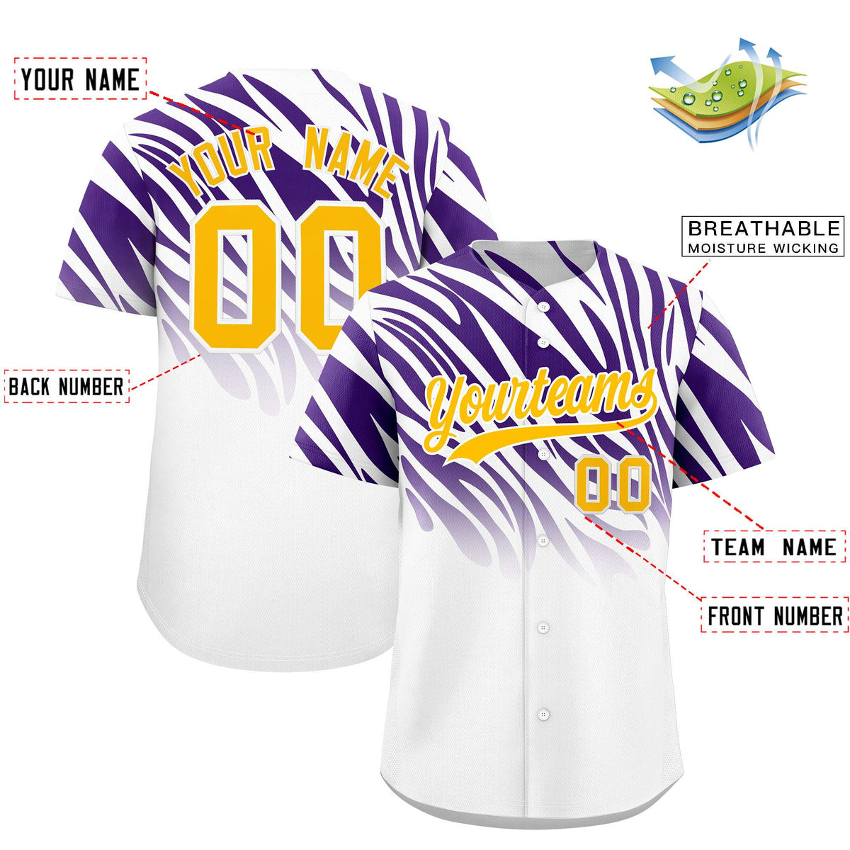 Custom Purple White Tiger Stripe Gradient Animal Print Personalized Team Shirt Baseball Jersey