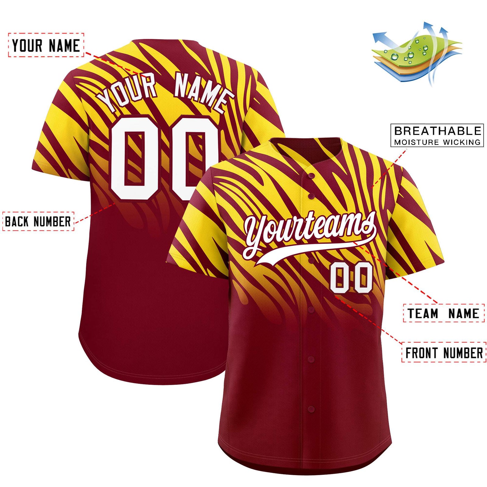 Custom Crimson Gold Tiger Stripe Gradient Animal Print Personalized Team Shirt Baseball Jersey
