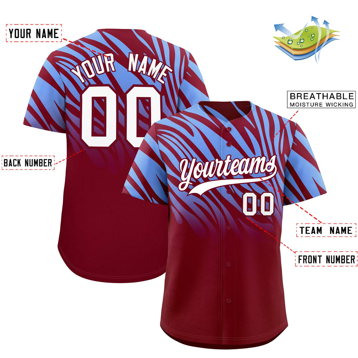 Custom Light Blue Crimson Tiger Stripe Gradient Animal Print Personalized Team Shirt Baseball Jersey