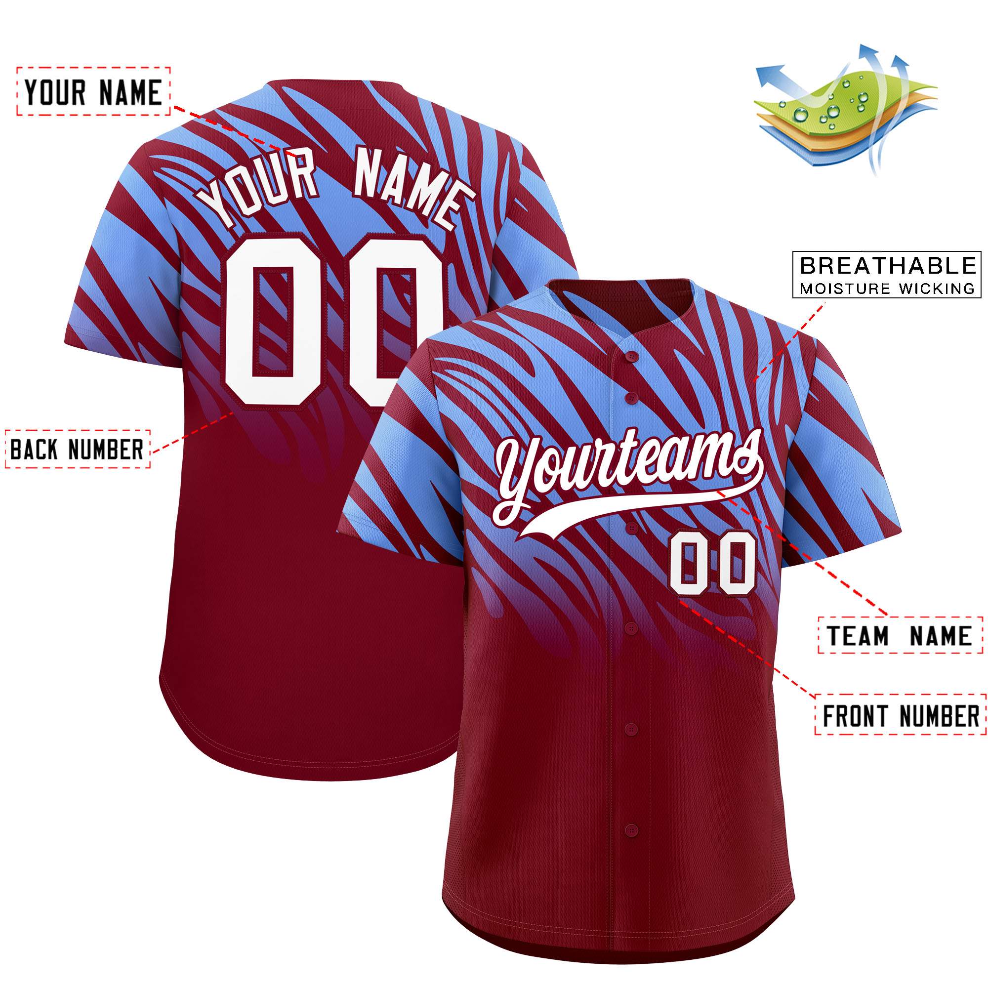 Custom Light Blue Crimson Tiger Stripe Gradient Animal Print Personalized Team Shirt Baseball Jersey