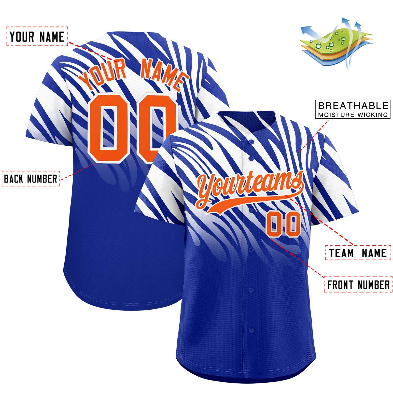 Custom Royal White Tiger Stripe Gradient Animal Print Personalized Team Shirt Baseball Jersey