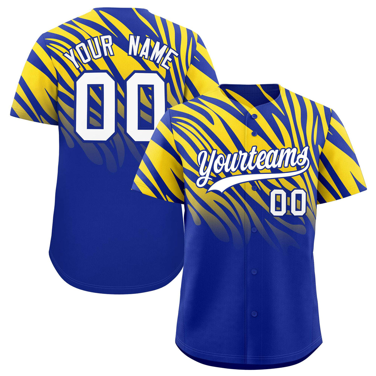 Custom Royal Gold Tiger Stripe Gradient Animal Print Personalized Team Shirt Baseball Jersey