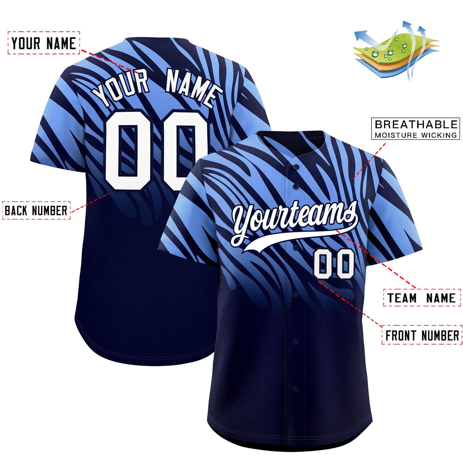 Custom Navy Light Blue Tiger Stripe Gradient Animal Print Personalized Team Shirt Baseball Jersey