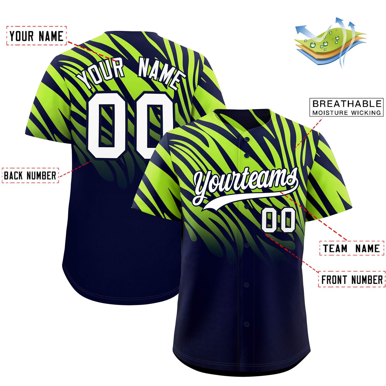 Custom Navy Neon Green Tiger Stripe Gradient Animal Print Personalized Team Shirt Baseball Jersey