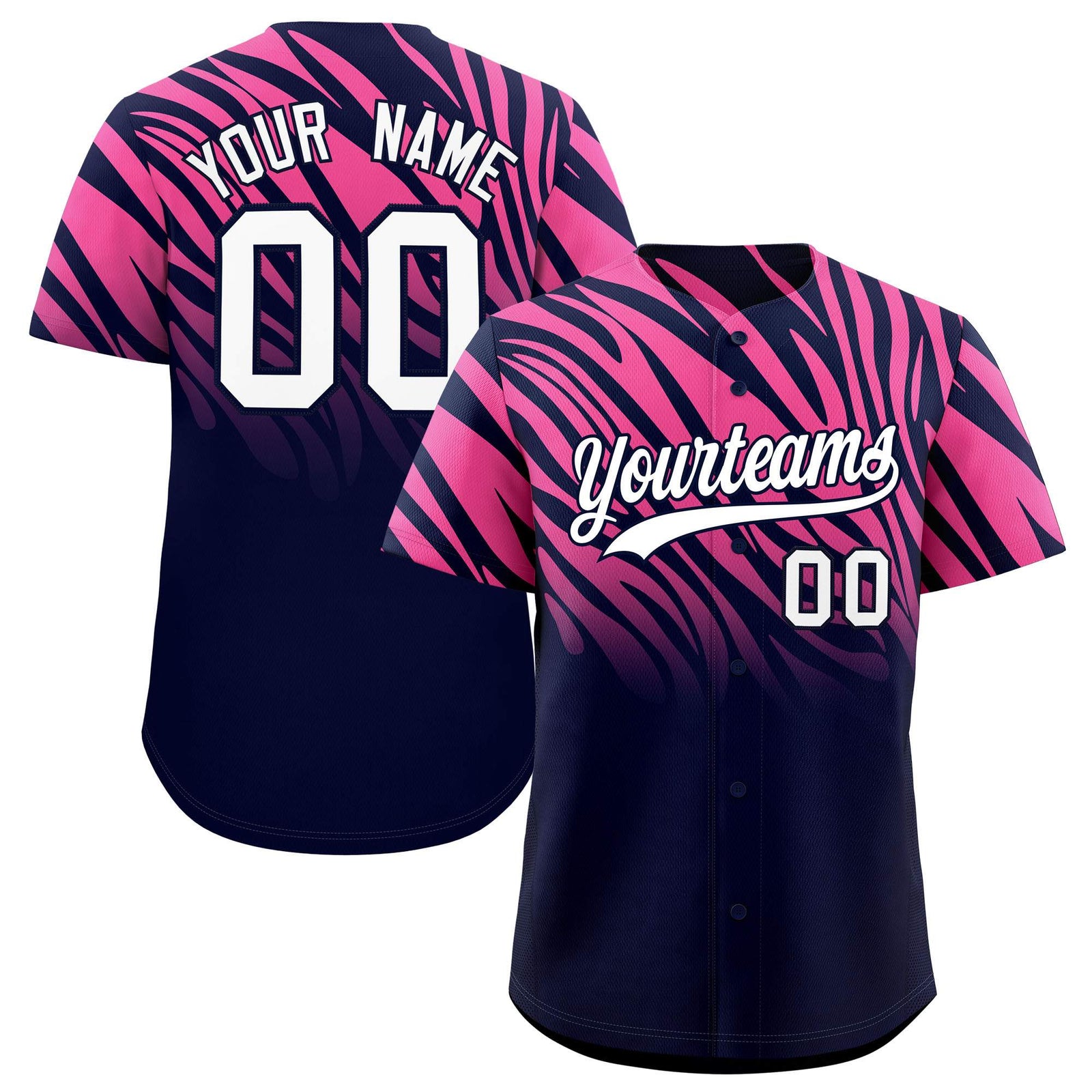 Custom Navy Pink Tiger Stripe Gradient Animal Print Personalized Team Shirt Baseball Jersey