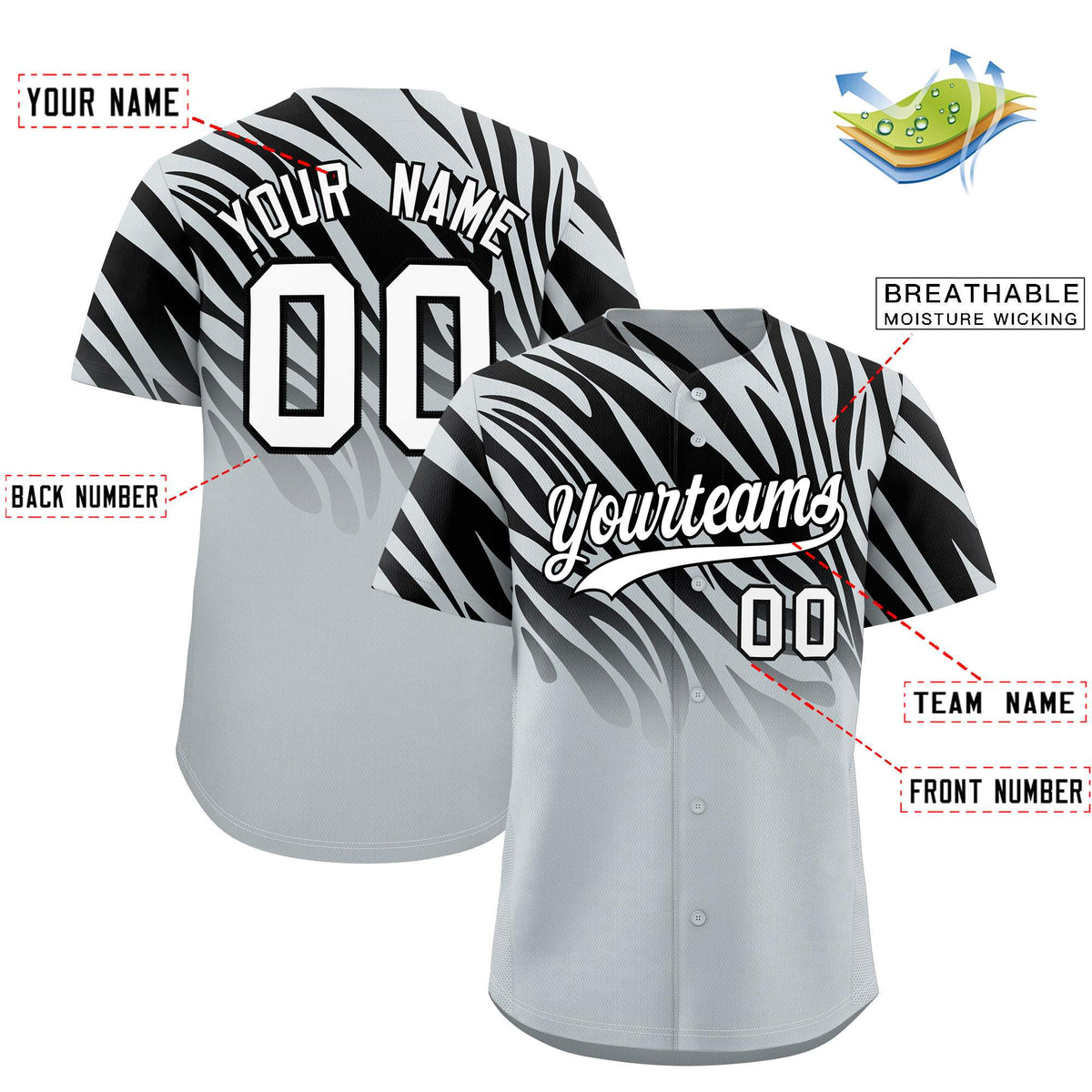 Custom Black Silver Tiger Stripe Gradient Animal Print Personalized Team Shirt Baseball Jersey