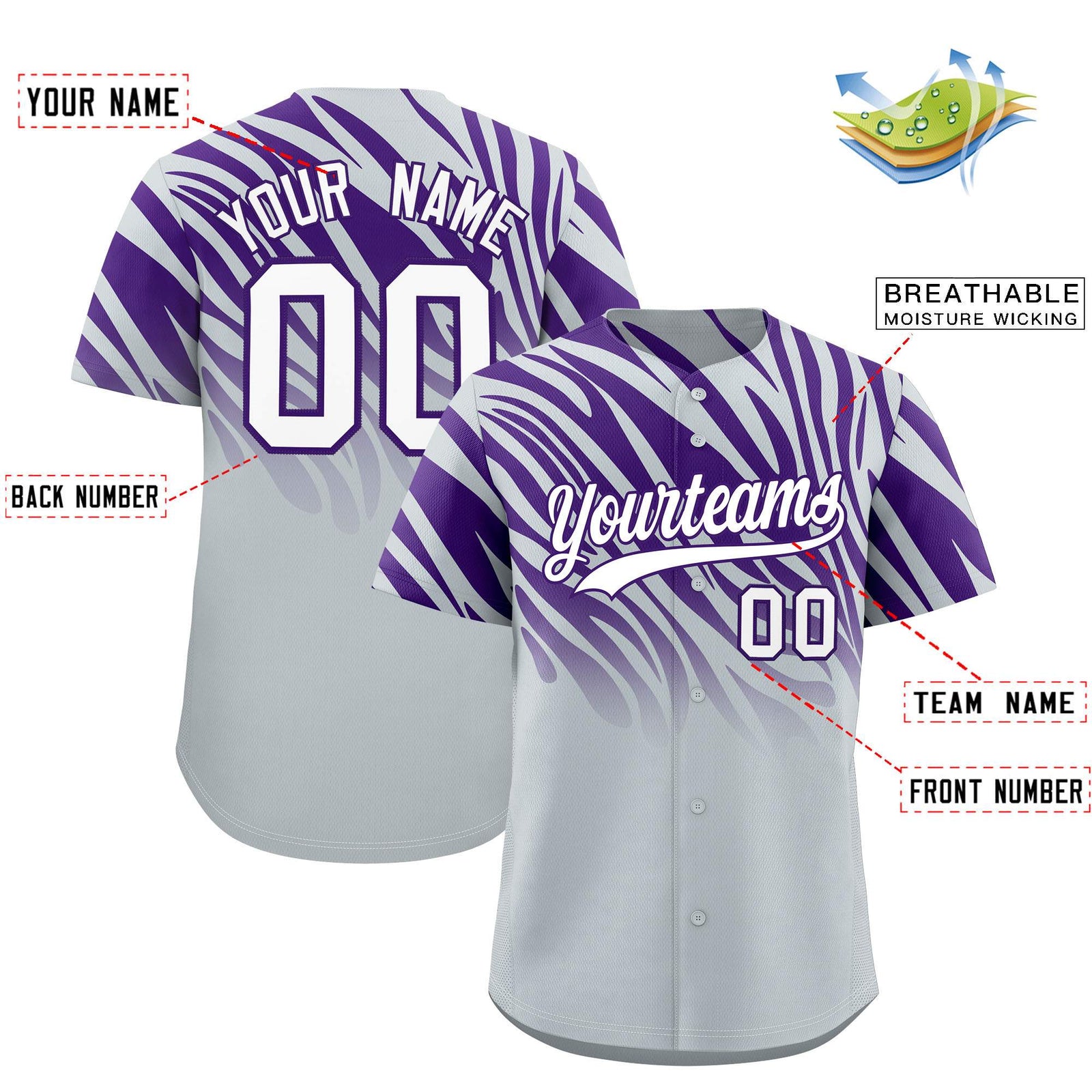 Custom Purple Silver Tiger Stripe Gradient Animal Print Personalized Team Shirt Baseball Jersey