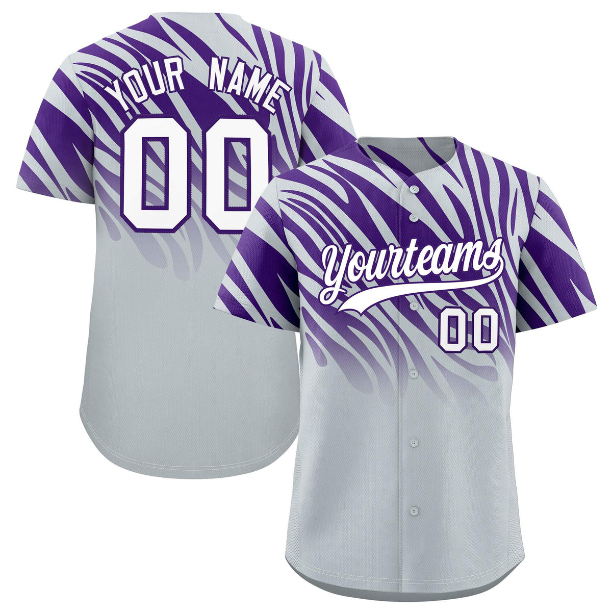 Custom Purple Silver Tiger Stripe Gradient Animal Print Personalized Team Shirt Baseball Jersey