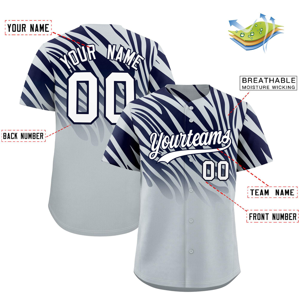 Custom Navy Silver Tiger Stripe Gradient Animal Print Personalized Team Shirt Baseball Jersey