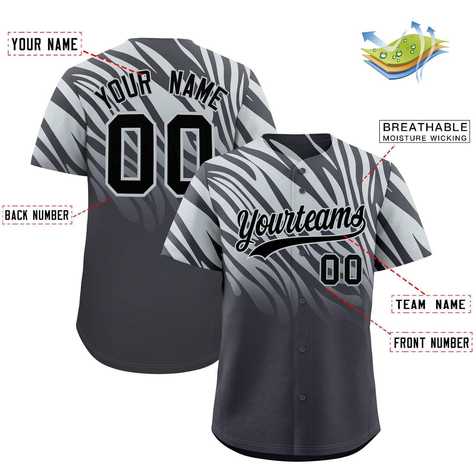 Custom Gray Silver Tiger Stripe Gradient Animal Print Personalized Team Shirt Baseball Jersey