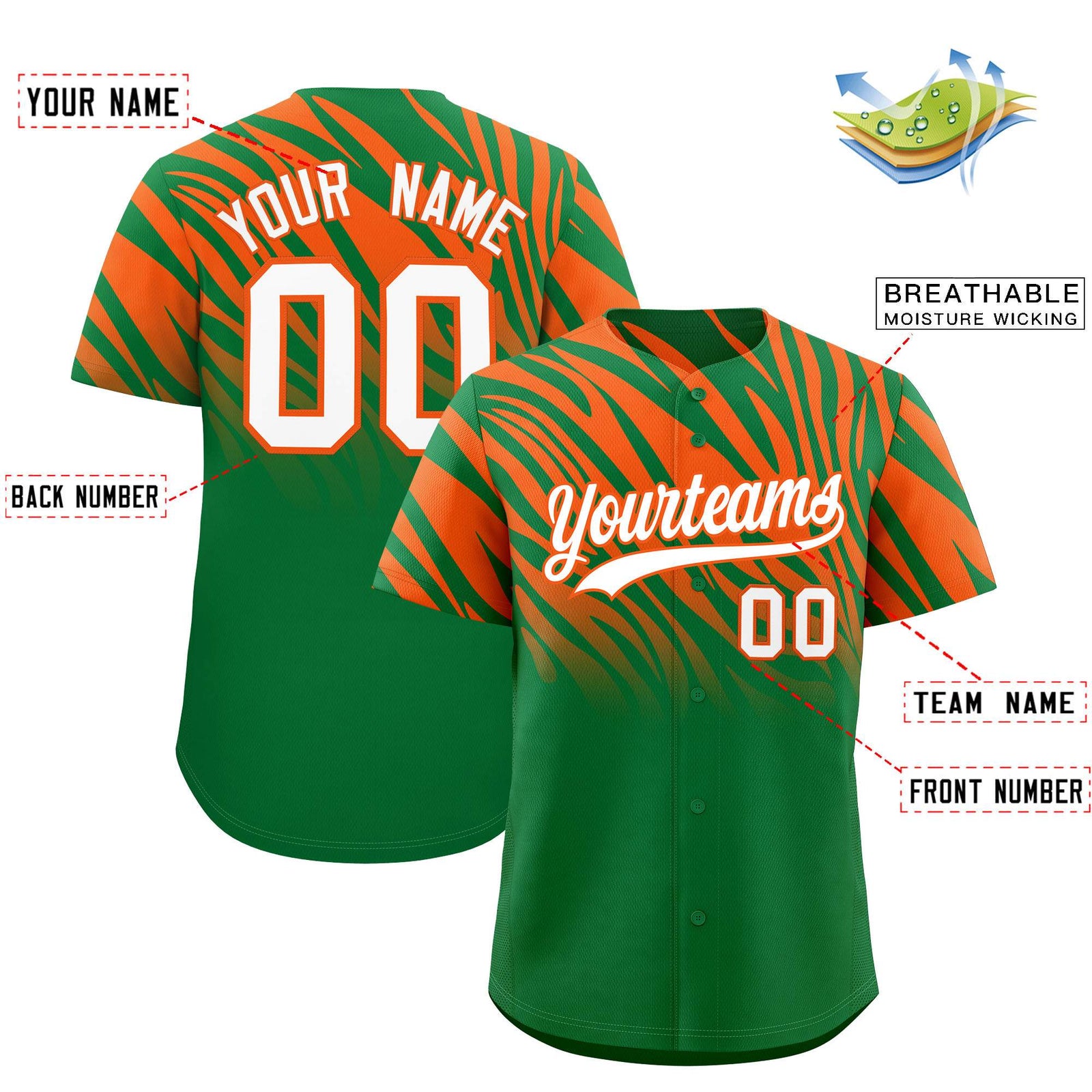 Custom Kelly Green Orange Tiger Stripe Gradient Animal Print Personalized Team Shirt Baseball Jersey