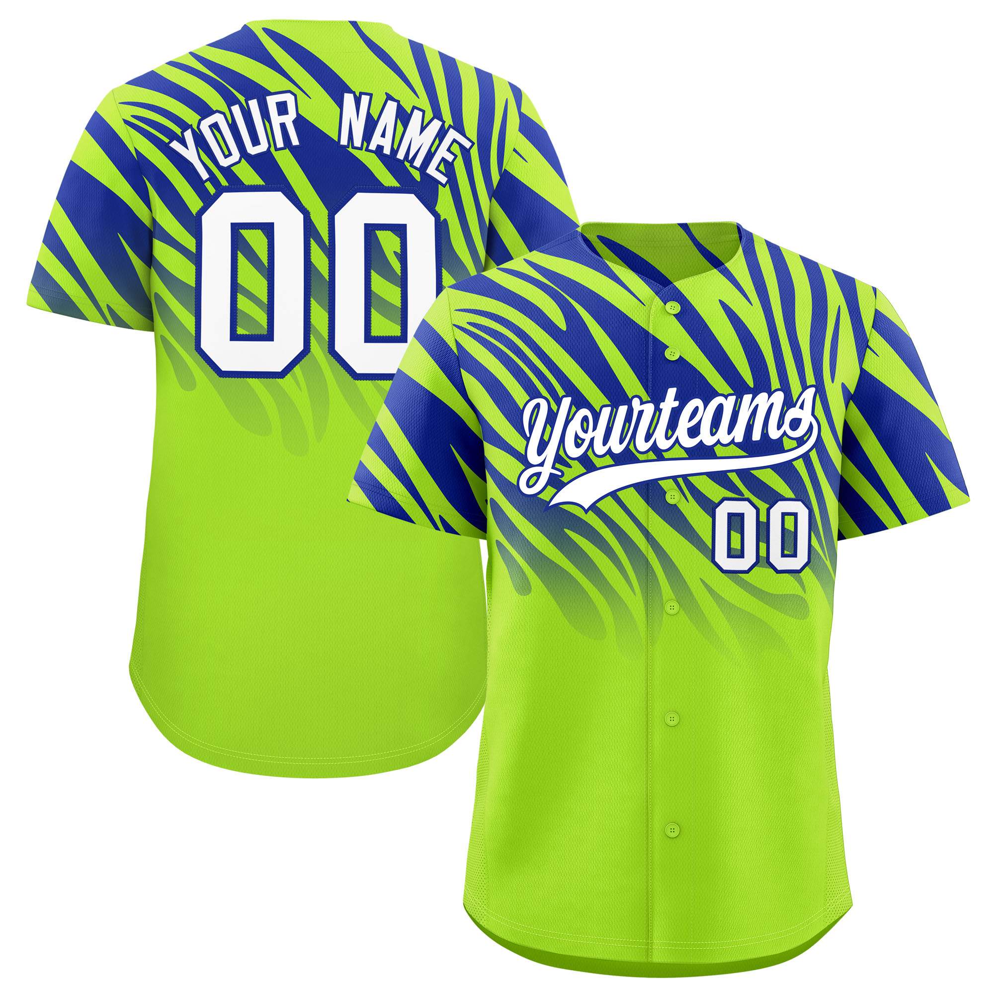 Custom Neon Green Royal Tiger Stripe Gradient Animal Print Personalized Team Shirt Baseball Jersey