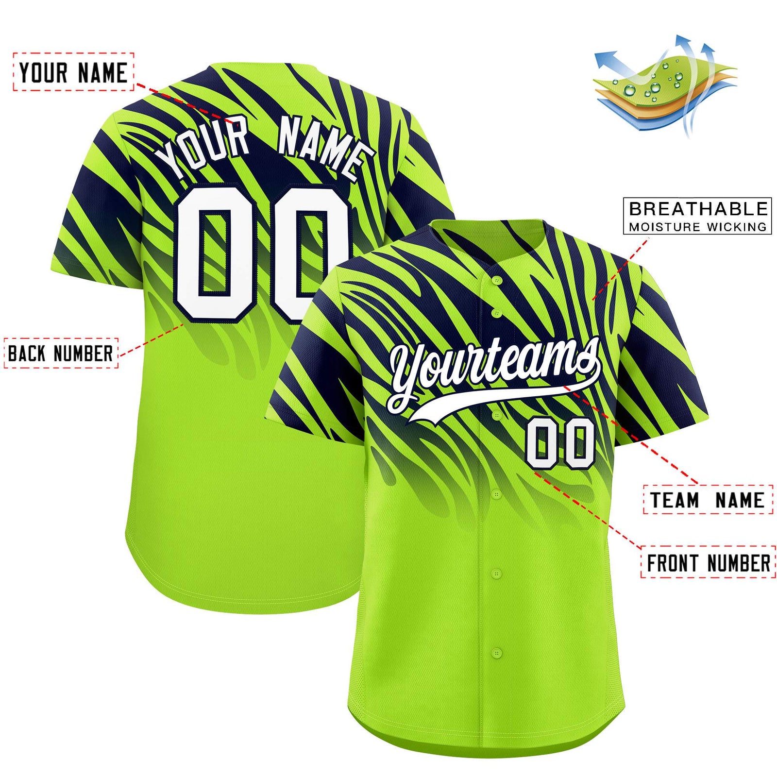 Custom Neon Green Navy Tiger Stripe Gradient Animal Print Personalized Team Shirt Baseball Jersey