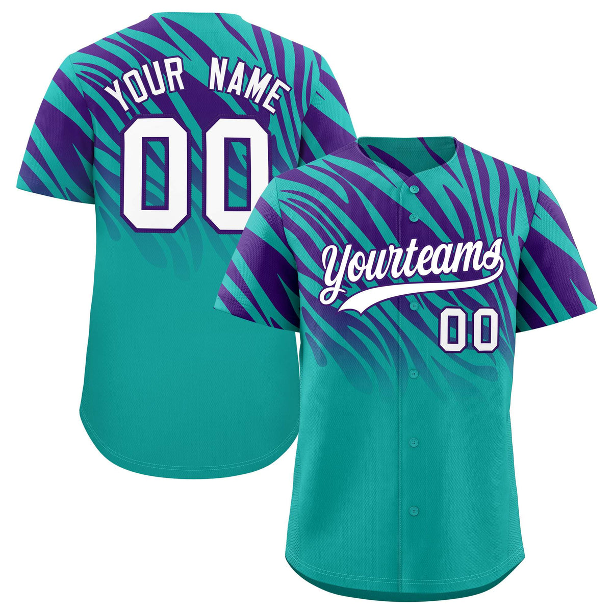 Custom Aqua Purple Tiger Stripe Gradient Animal Print Personalized Team Shirt Baseball Jersey