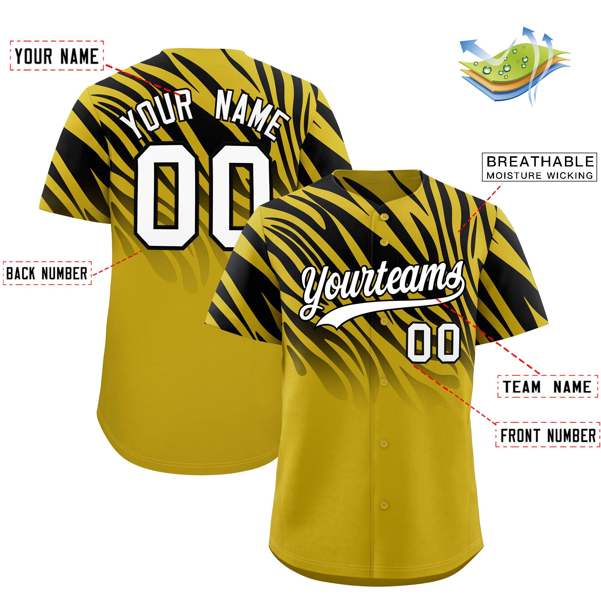Custom Black Old Gold Tiger Stripe Gradient Animal Print Personalized Team Shirt Baseball Jersey