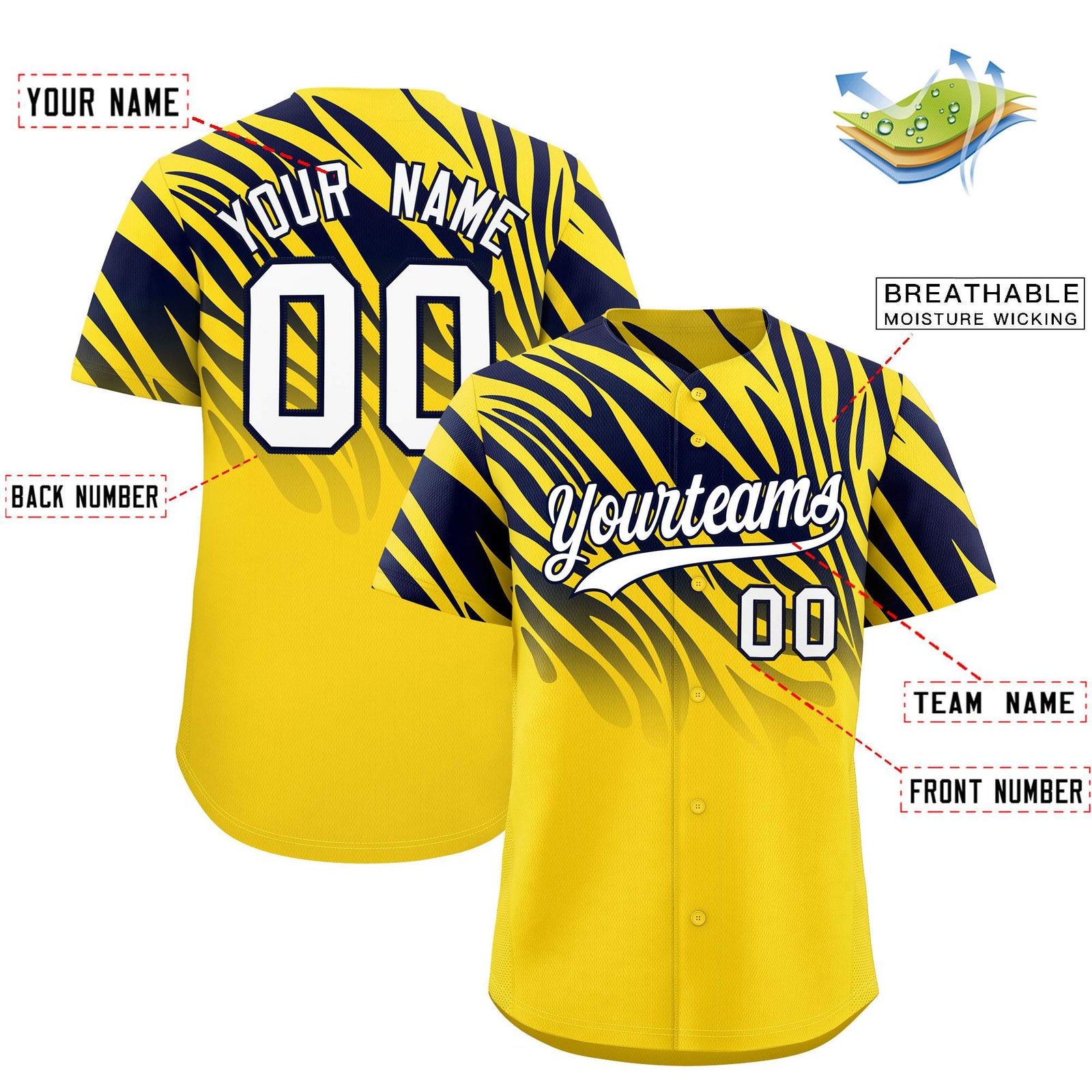 Custom Gold Navy Tiger Stripe Gradient Animal Print Personalized Team Shirt Baseball Jersey
