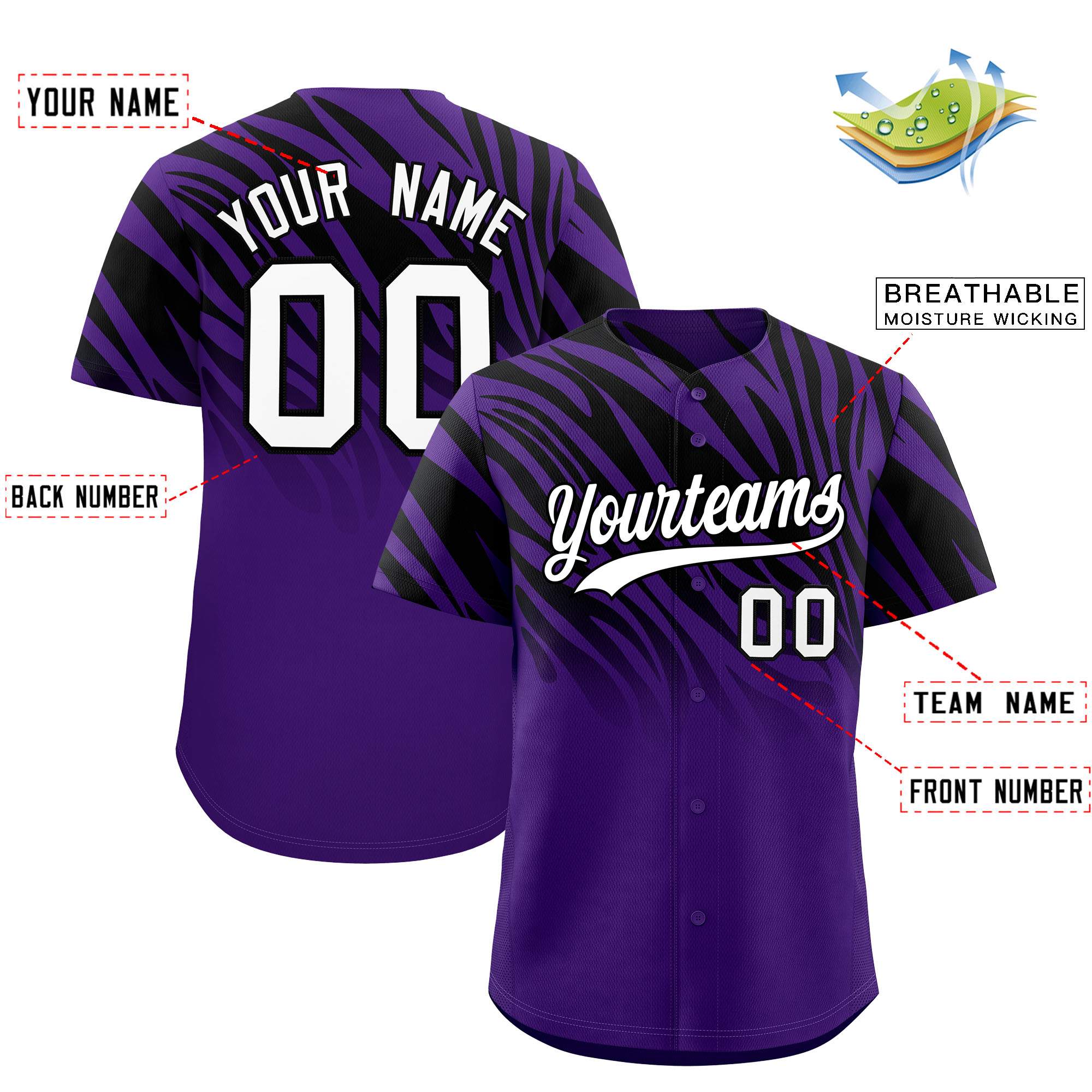 Custom Black Purple Tiger Stripe Gradient Animal Print Personalized Team Shirt Baseball Jersey