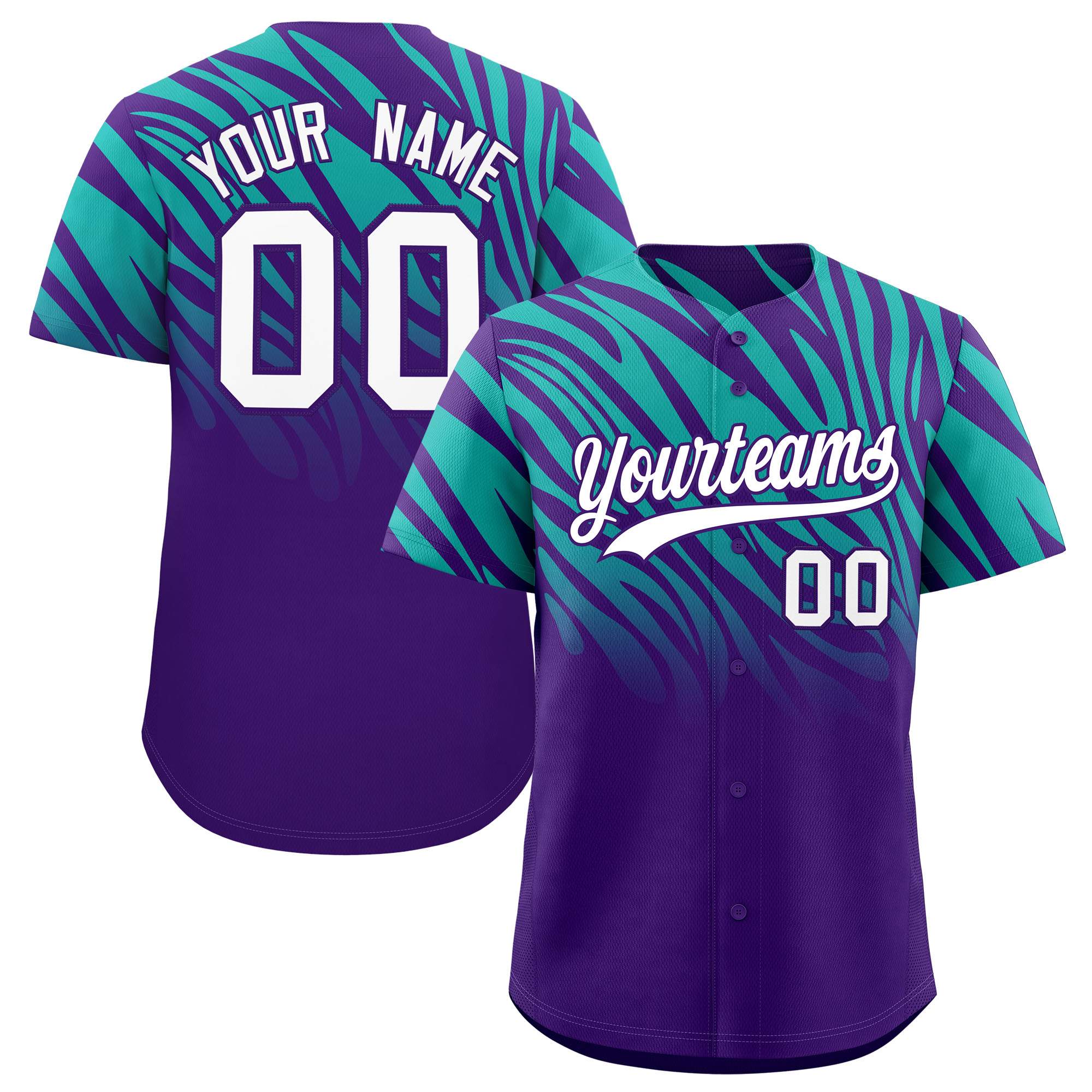 Custom Purple Aqua Tiger Stripe Gradient Animal Print Personalized Team Shirt Baseball Jersey