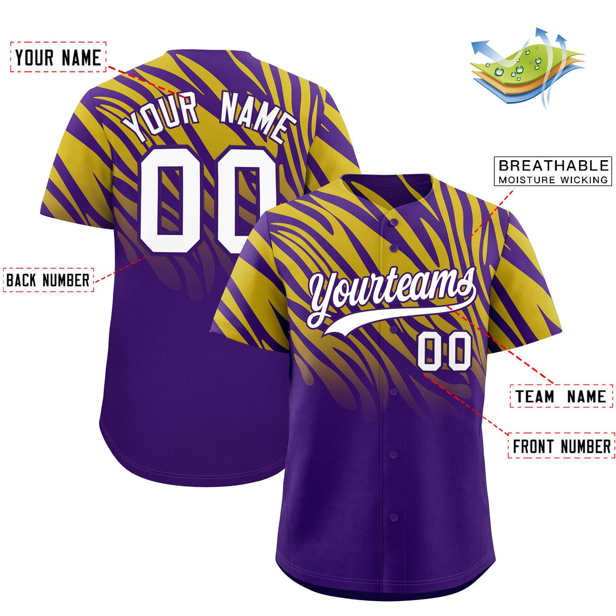 Custom Purple Old Gold Tiger Stripe Gradient Animal Print Personalized Team Shirt Baseball Jersey