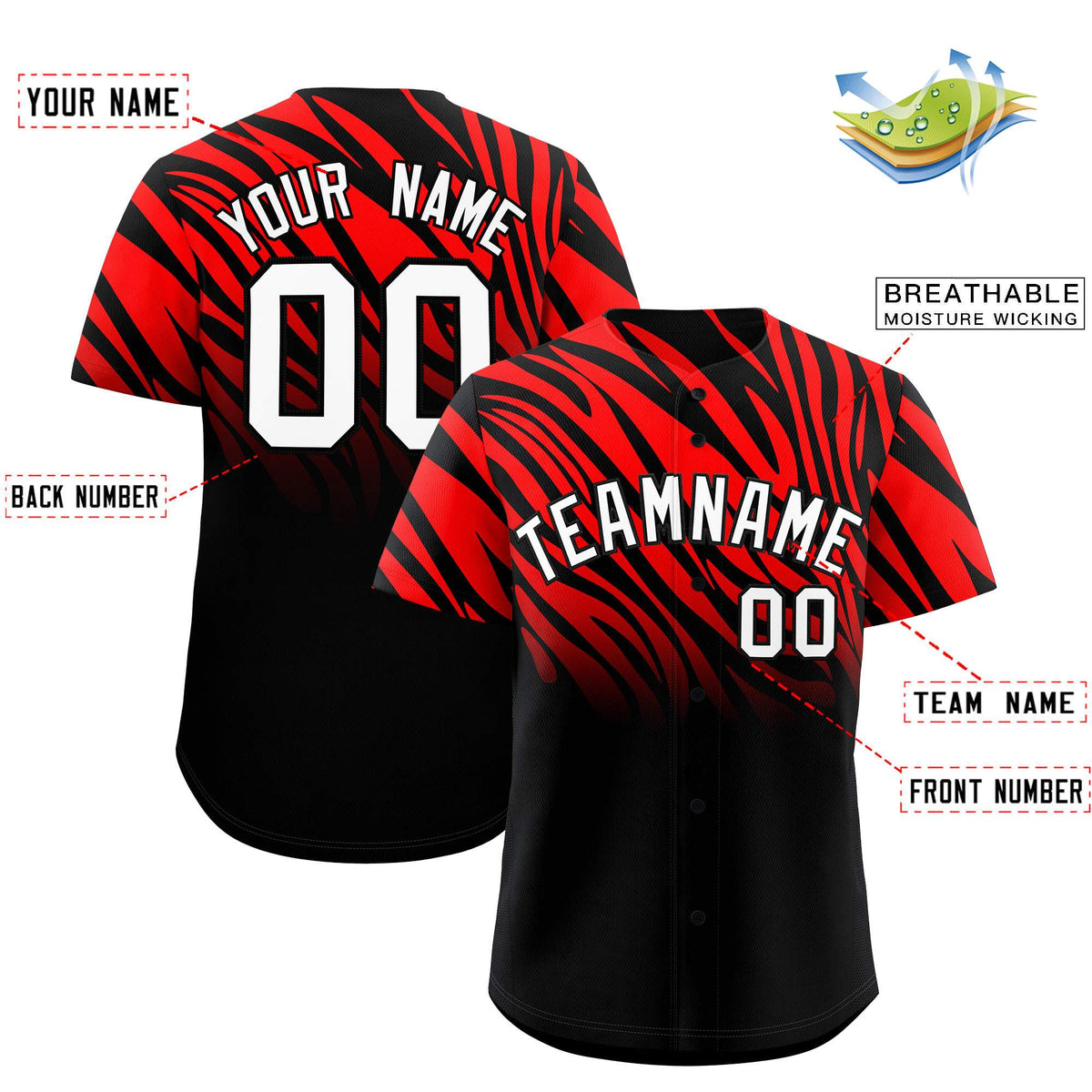 Custom Red Black Tiger Stripe Gradient Animal Print Personalized Team Shirt Baseball Jersey