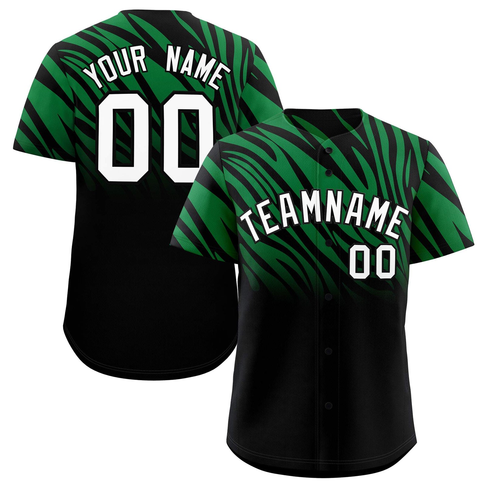 Custom Kelly Green Black Tiger Stripe Gradient Animal Print Personalized Team Shirt Baseball Jersey