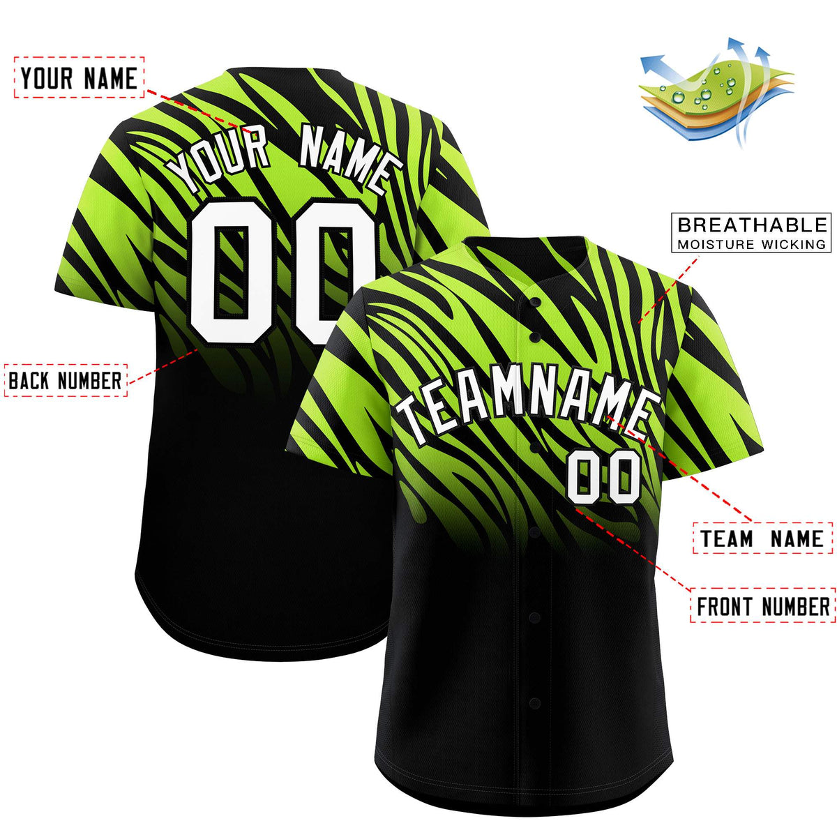 Custom Neon Green Black Tiger Stripe Gradient Animal Print Personalized Team Shirt Baseball Jersey