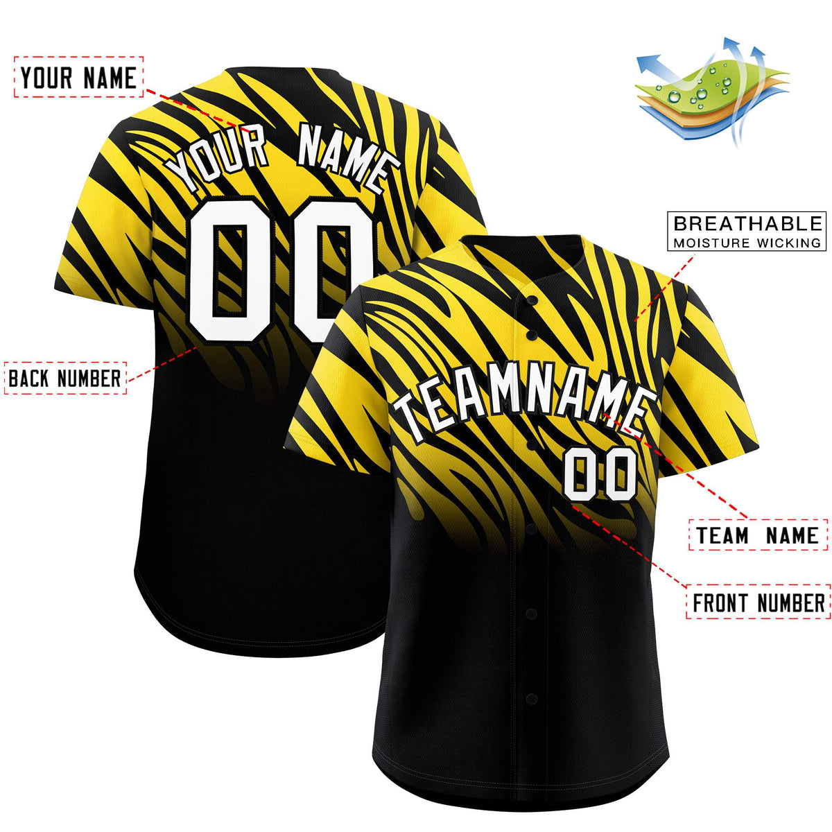Custom Gold Black Tiger Stripe Gradient Animal Print Personalized Team Shirt Baseball Jersey
