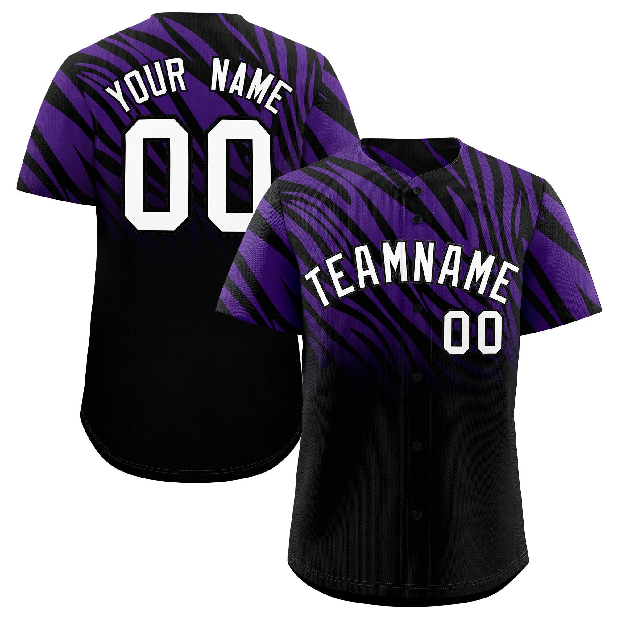 Custom Purple Black Tiger Stripe Gradient Animal Print Personalized Team Shirt Baseball Jersey