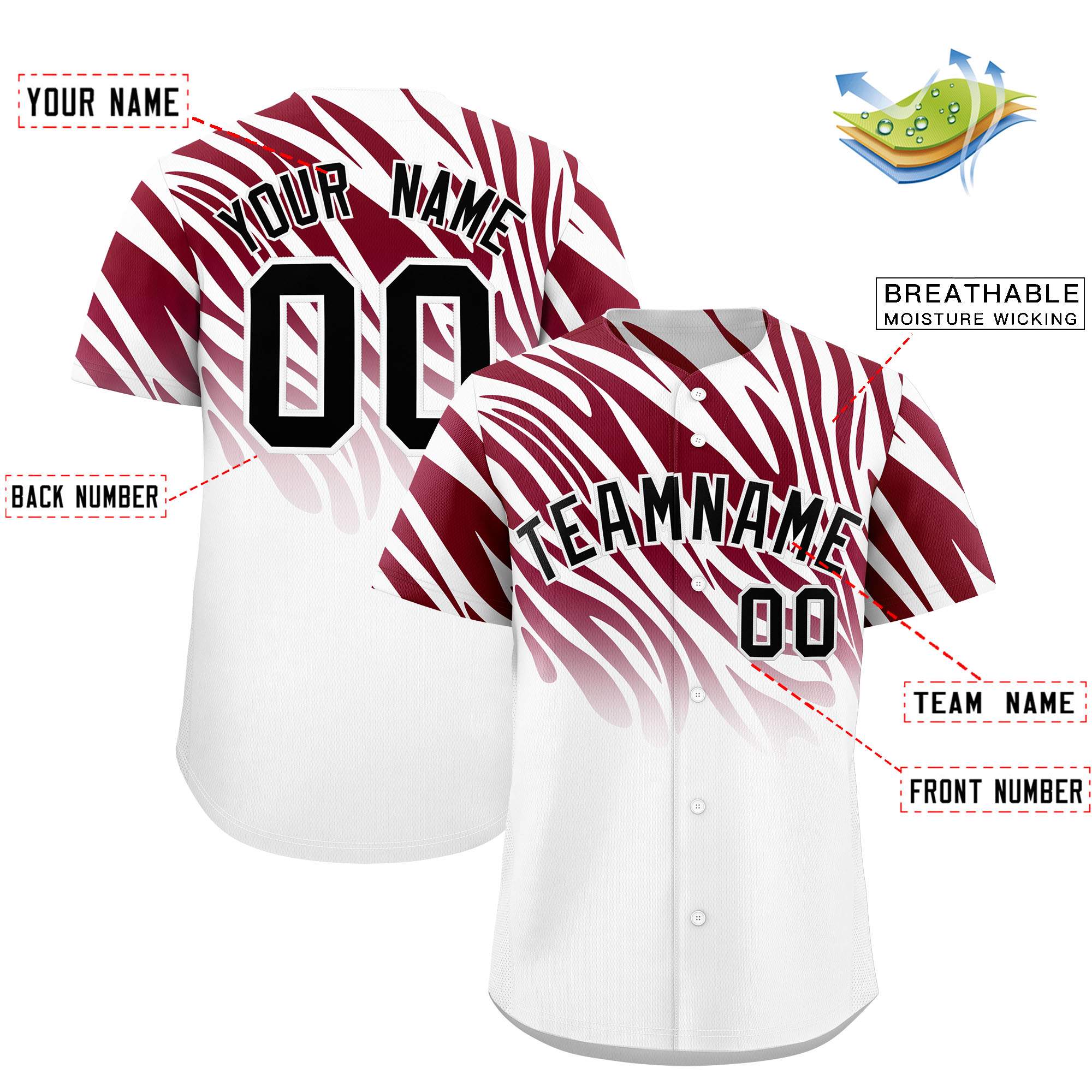 Custom Crimson White Tiger Stripe Gradient Animal Print Personalized Team Shirt Baseball Jersey