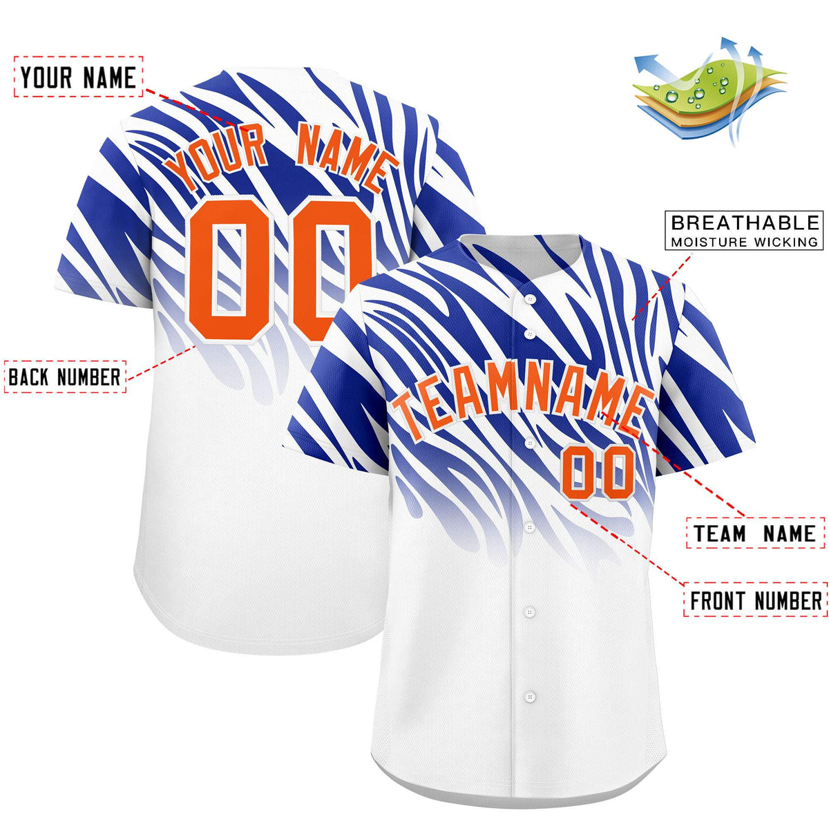Custom Royal White Tiger Stripe Gradient Animal Print Personalized Team Shirt Baseball Jersey