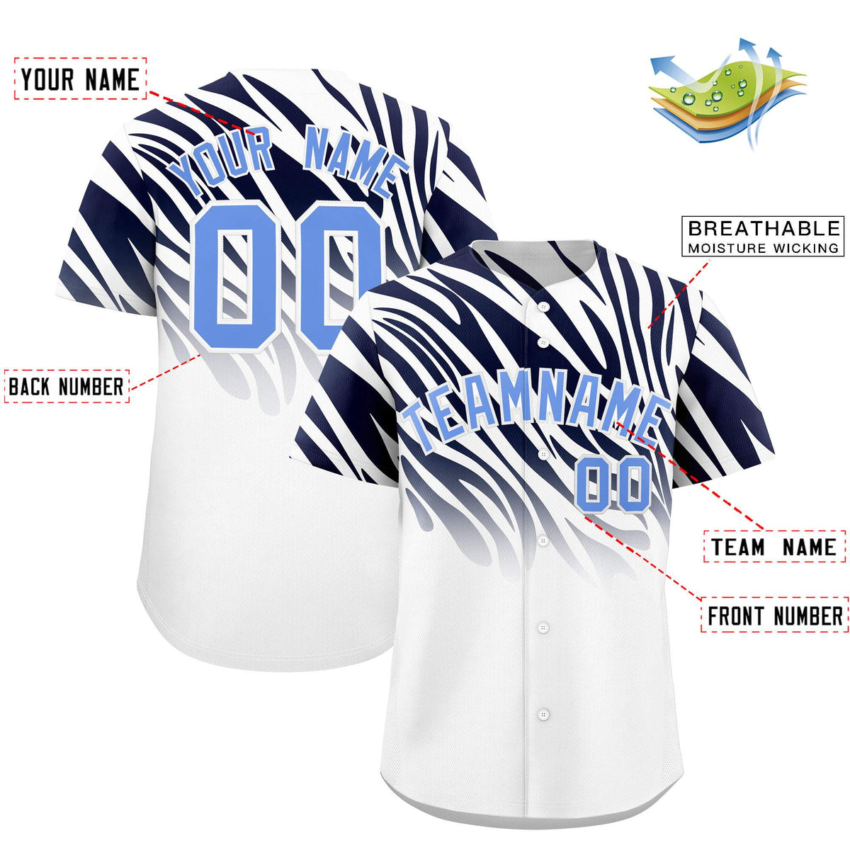 Custom Navy White Tiger Stripe Gradient Animal Print Personalized Team Shirt Baseball Jersey