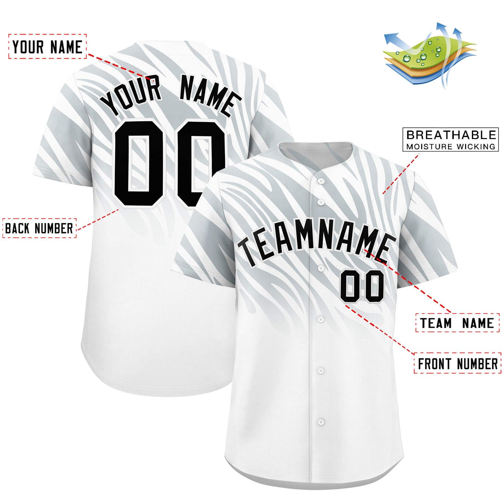 Custom Silver White Tiger Stripe Gradient Animal Print Personalized Team Shirt Baseball Jersey
