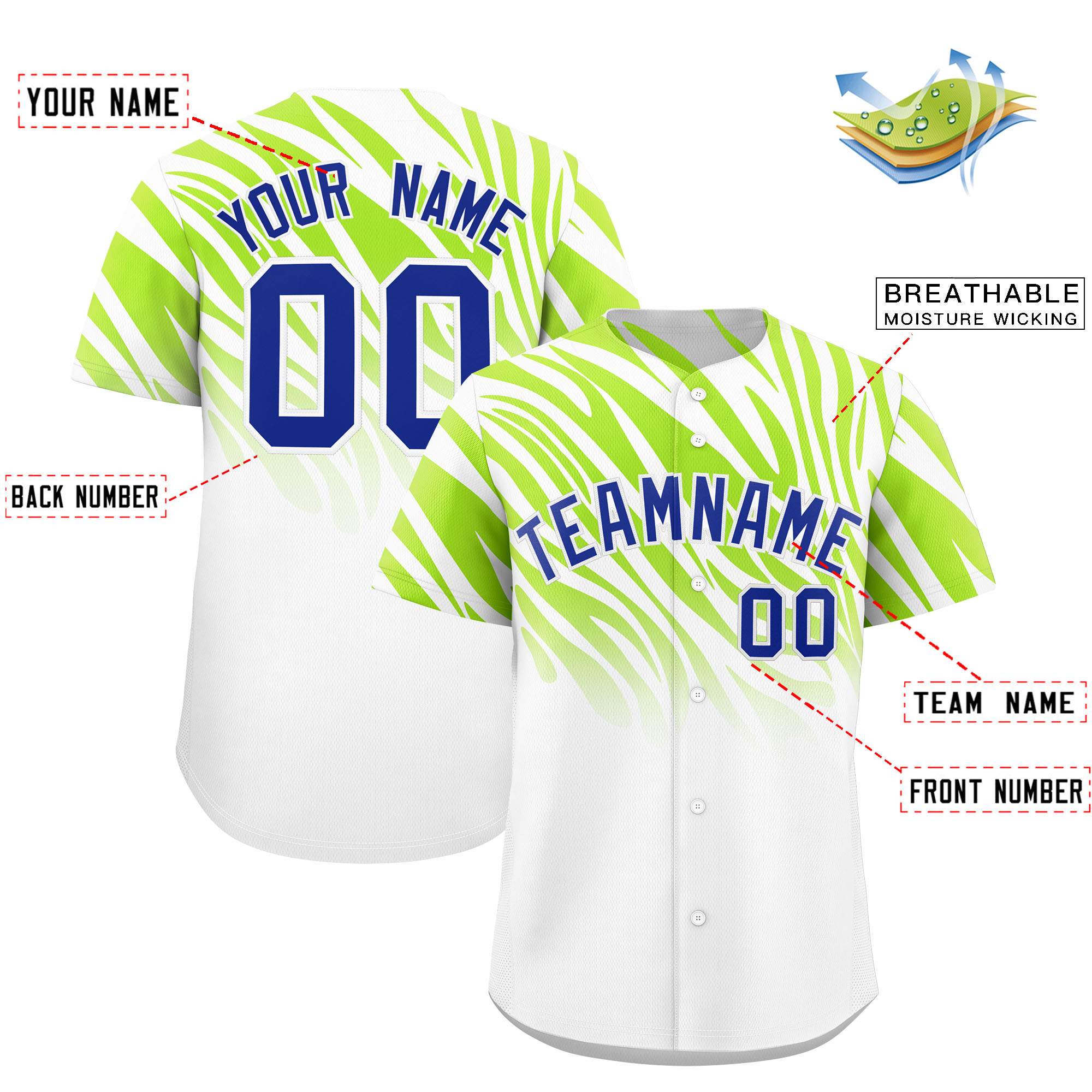 Custom Neon Green White Tiger Stripe Gradient Animal Print Personalized Team Shirt Baseball Jersey