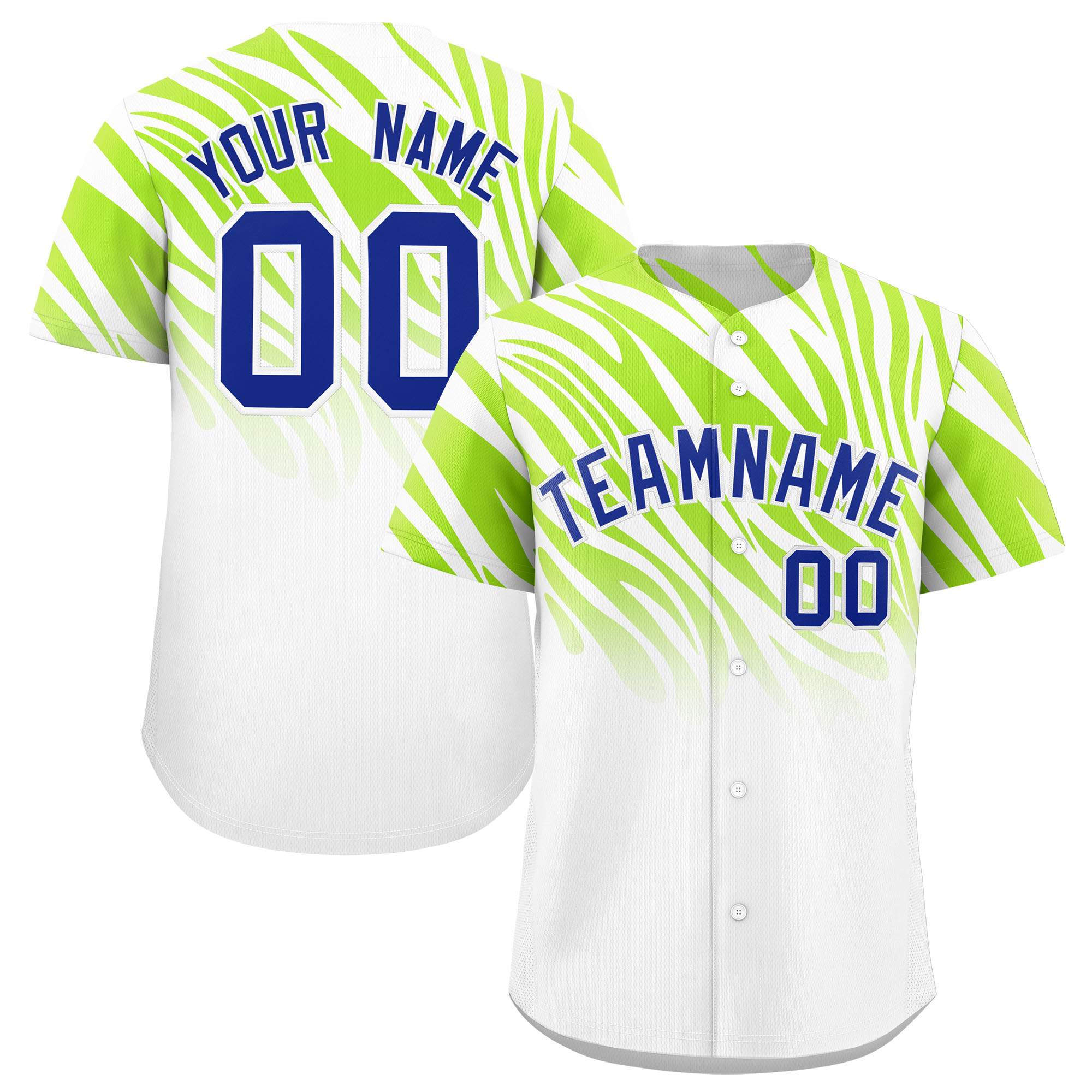 Custom Neon Green White Tiger Stripe Gradient Animal Print Personalized Team Shirt Baseball Jersey