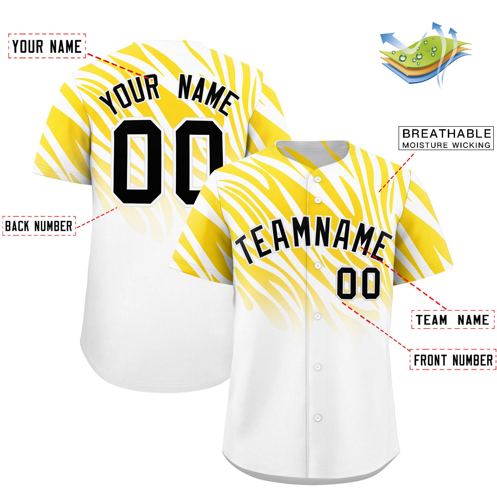 Custom Gold White Tiger Stripe Gradient Animal Print Personalized Team Shirt Baseball Jersey
