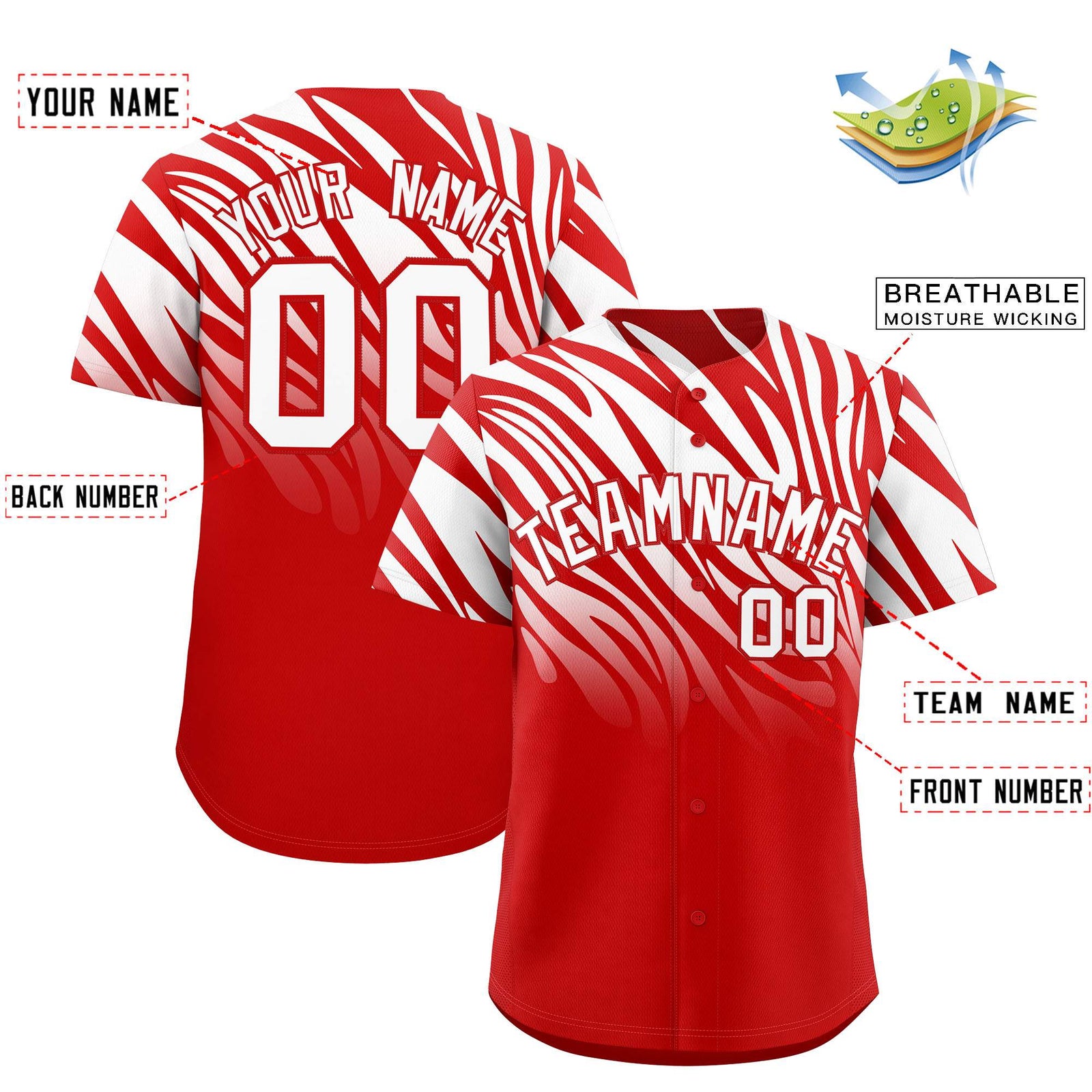 Custom Red White Tiger Stripe Gradient Animal Print Personalized Team Shirt Baseball Jersey