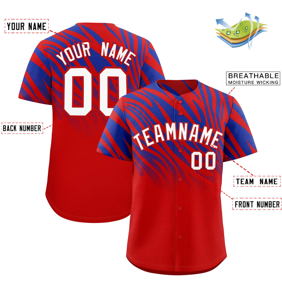 Custom Royal Red Tiger Stripe Gradient Animal Print Personalized Team Shirt Baseball Jersey