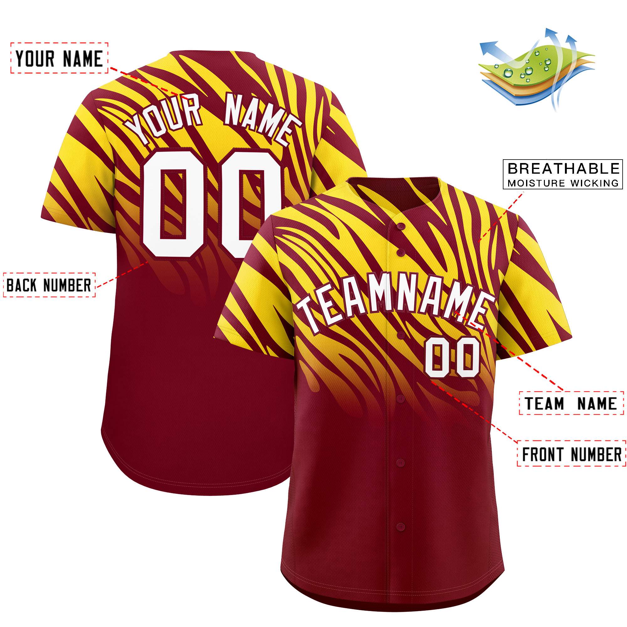 Custom Crimson Gold Tiger Stripe Gradient Animal Print Personalized Team Shirt Baseball Jersey